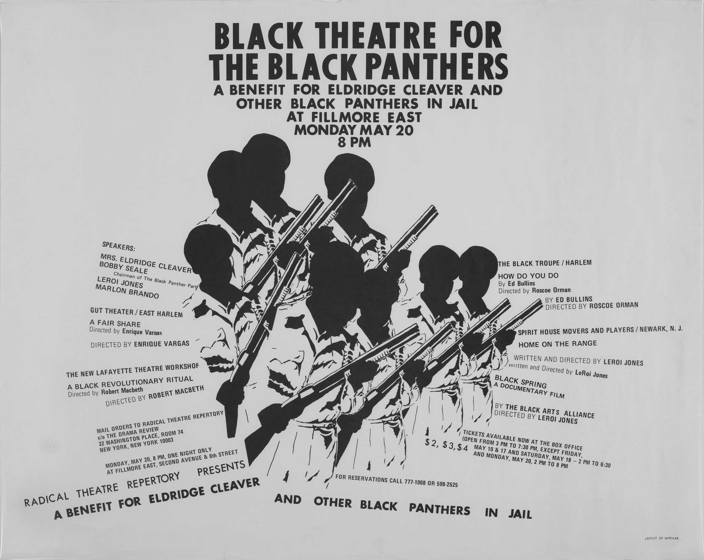 Poster advertising a benefit performance for Black Panther members in jail. Features silhouettes with guns and names of theater groups and works.