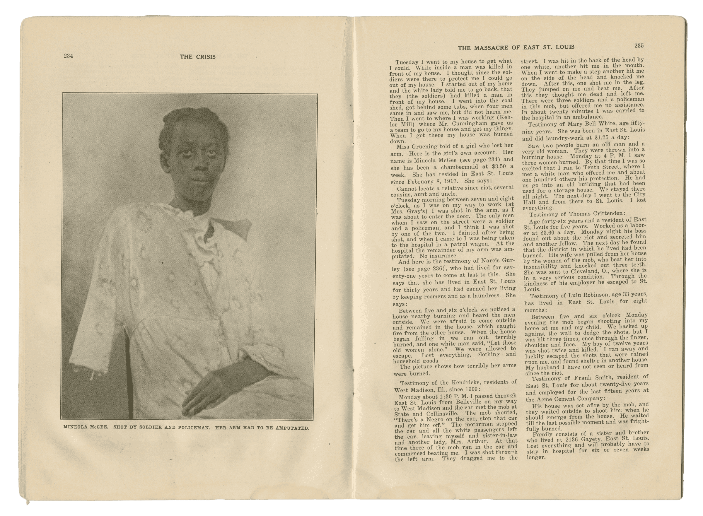 September 1917 issue of The Crisis. The two pages have the article and photograph of a victim of the East St. Louis massacres.