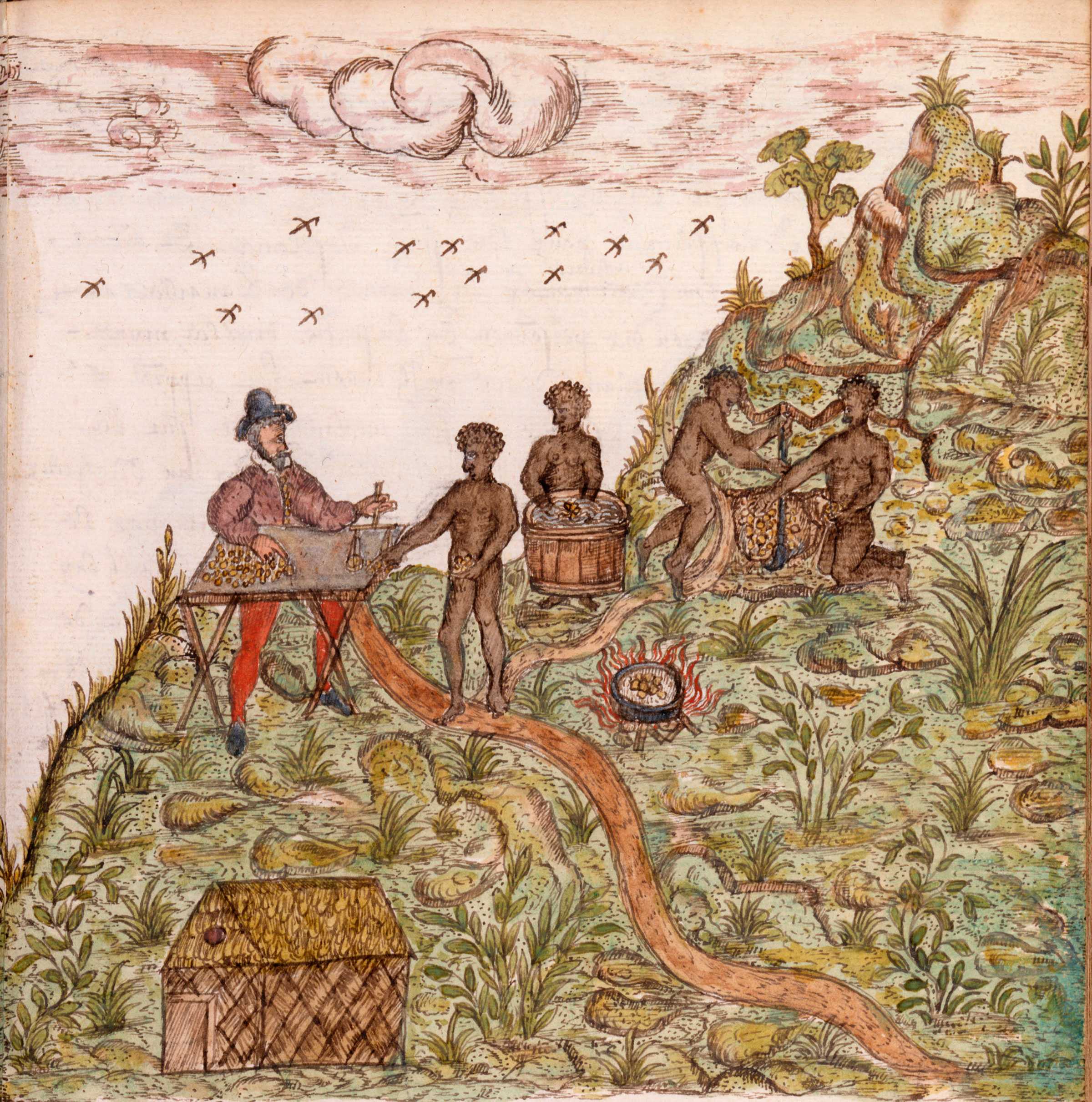 A colored illutration of slaves looking for gold in a green area with trees and grasses.