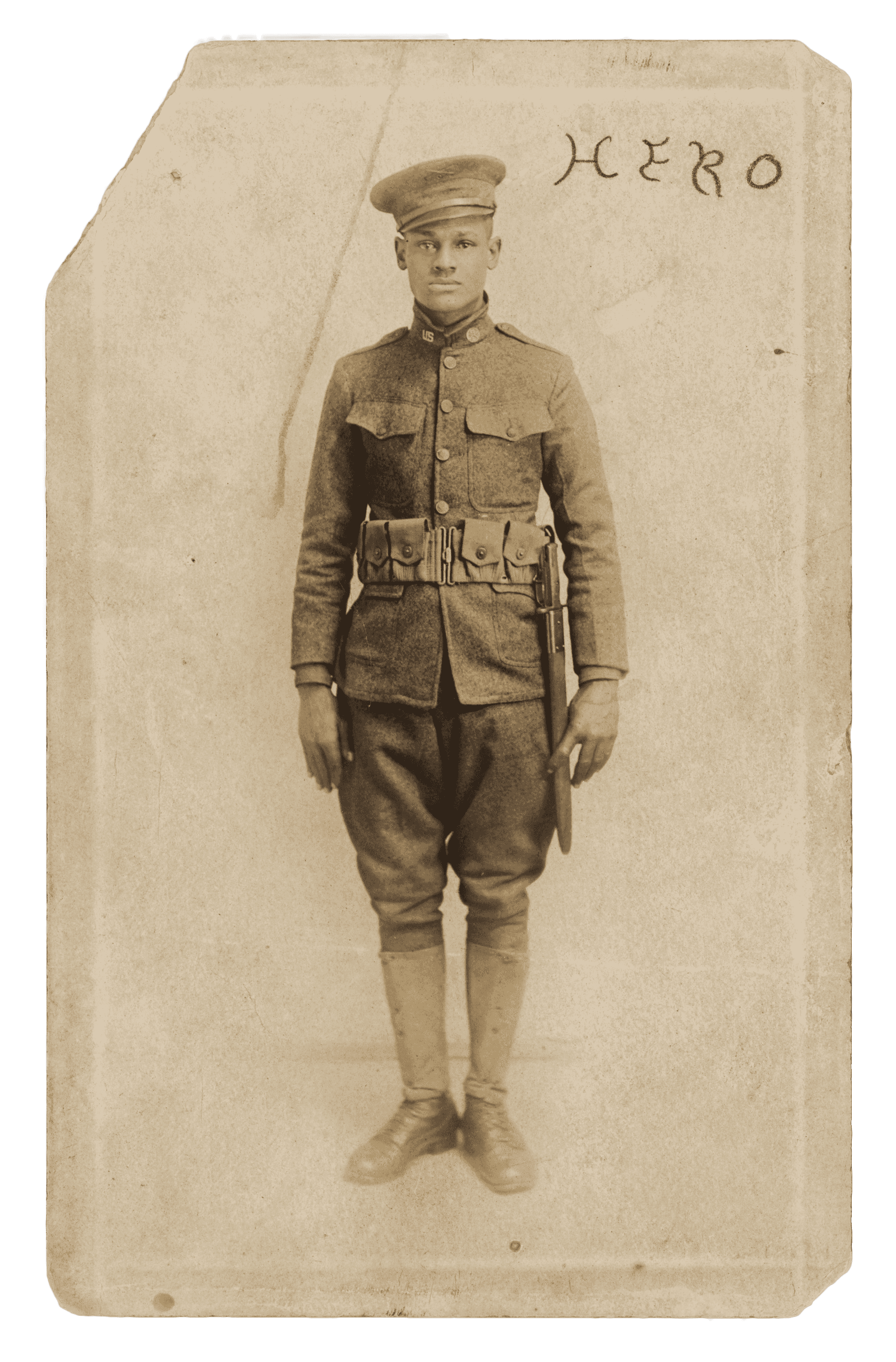 A postcard of Lawrence McVey in uniform at attention. The word [HERO] is inscribed in pencil at the top right.