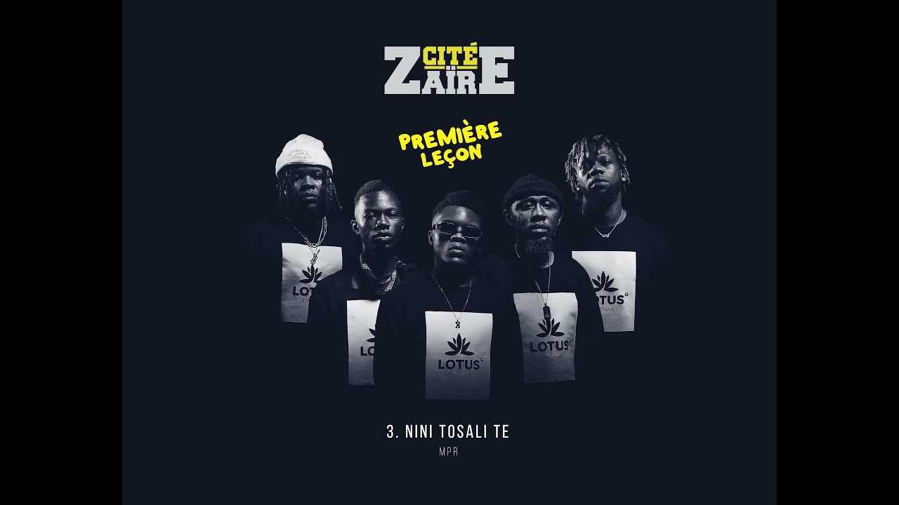 The album of Cité Zaïre, “Nini To Sali Té,”. The group stand together dressed in black shirts.