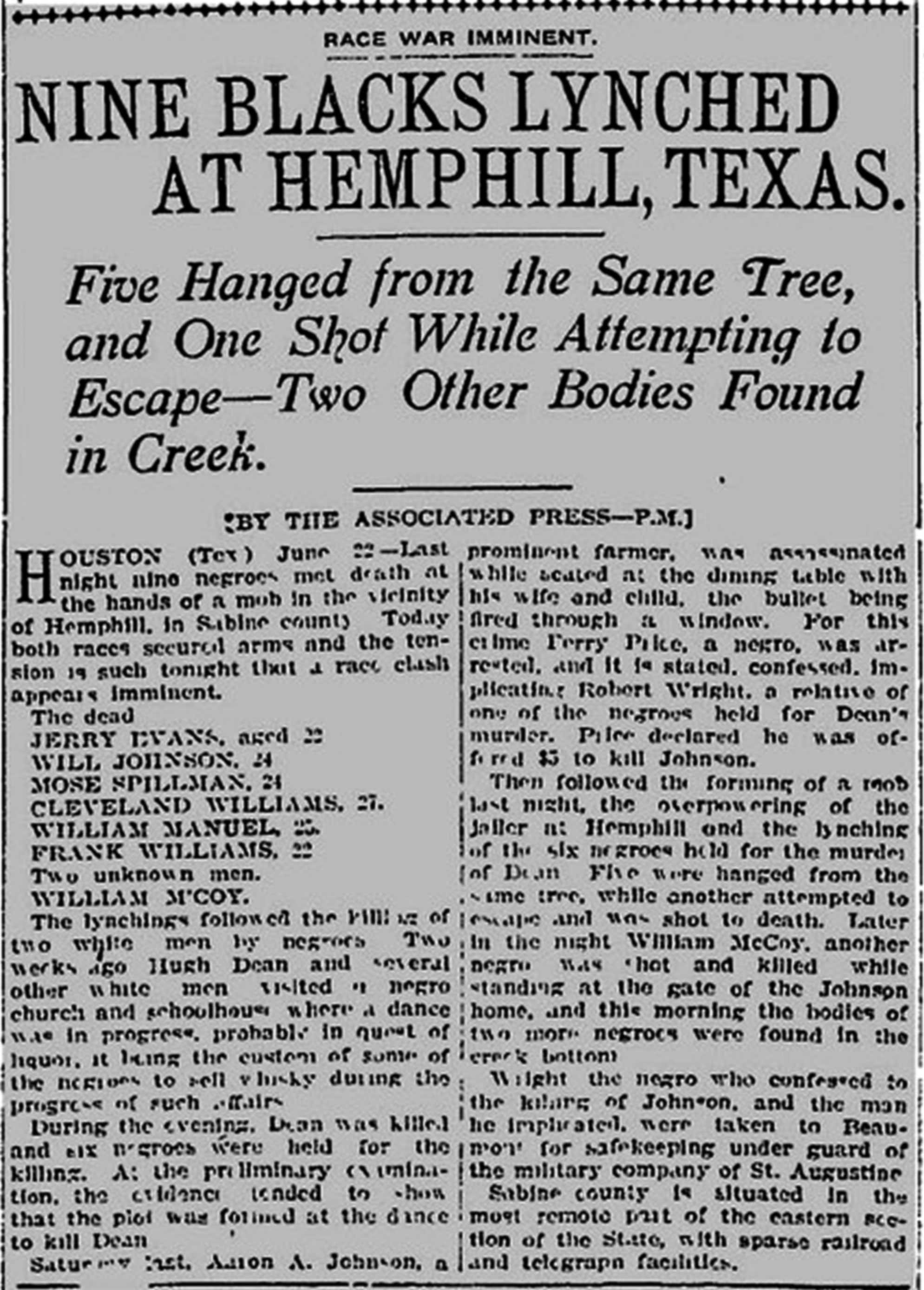 A newspaper clipping by the Assoicated Press of an story titled 'Nine Blacks Lynched at Hemphill, Texas'.