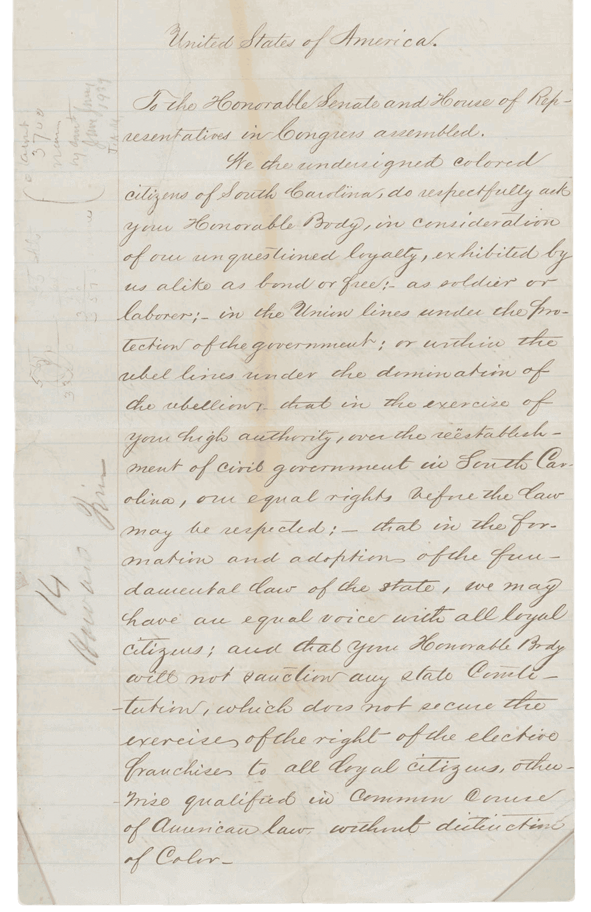 A long page of Petition of Colored Citizens of South Carolina with faded handwriting.