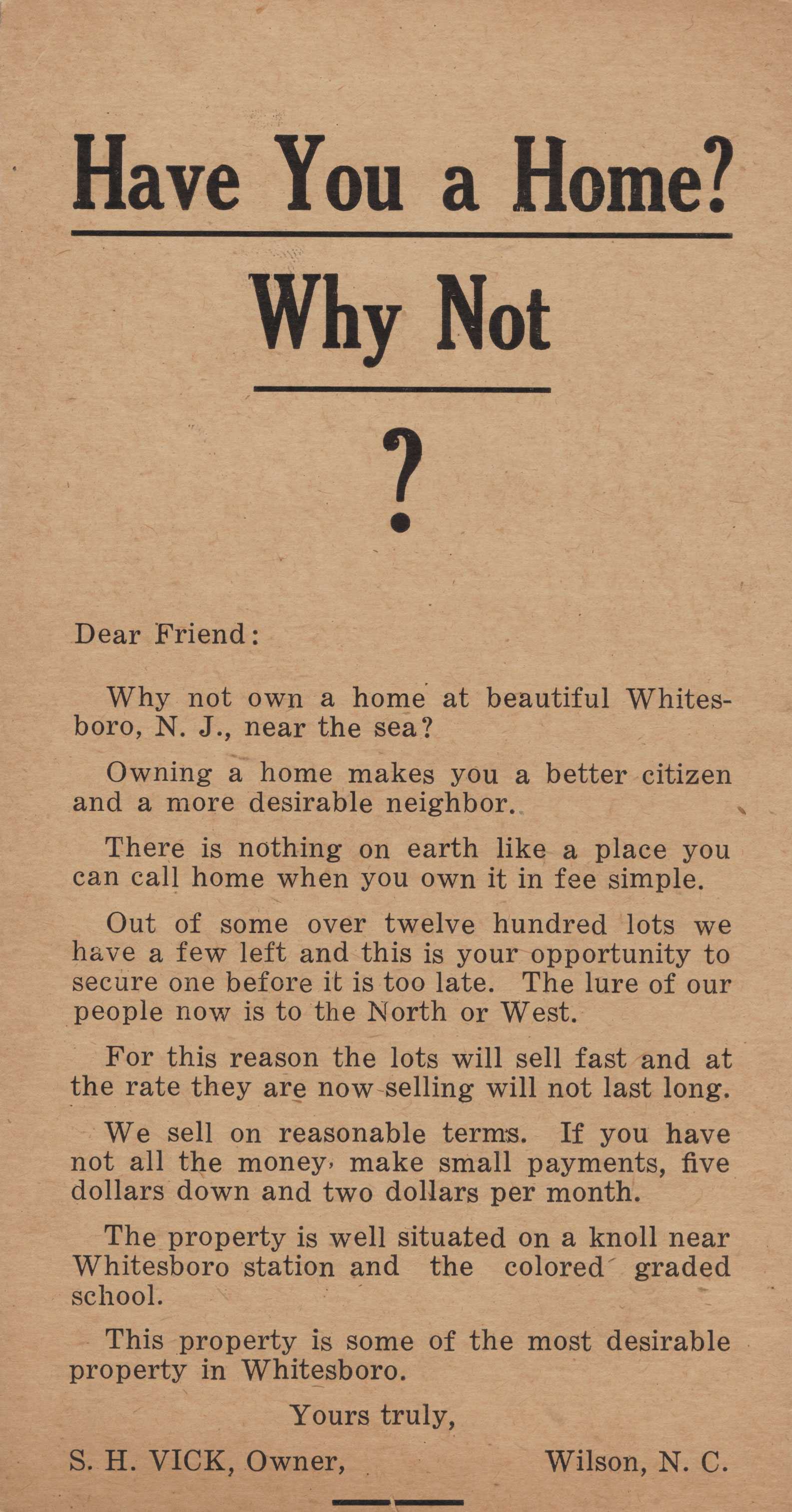 A tan card with a bold title at the top that says 'Have You a Home? Why Not?'. The card advertises open lots in Whitesboro.