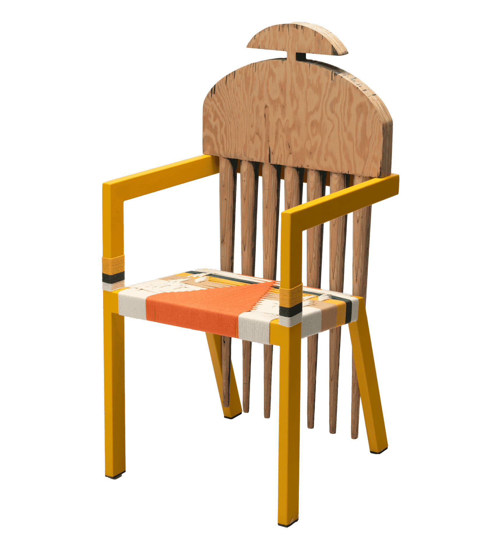 Wooden porch chair with chairback that looks like an Afro Pick that extend downwards.