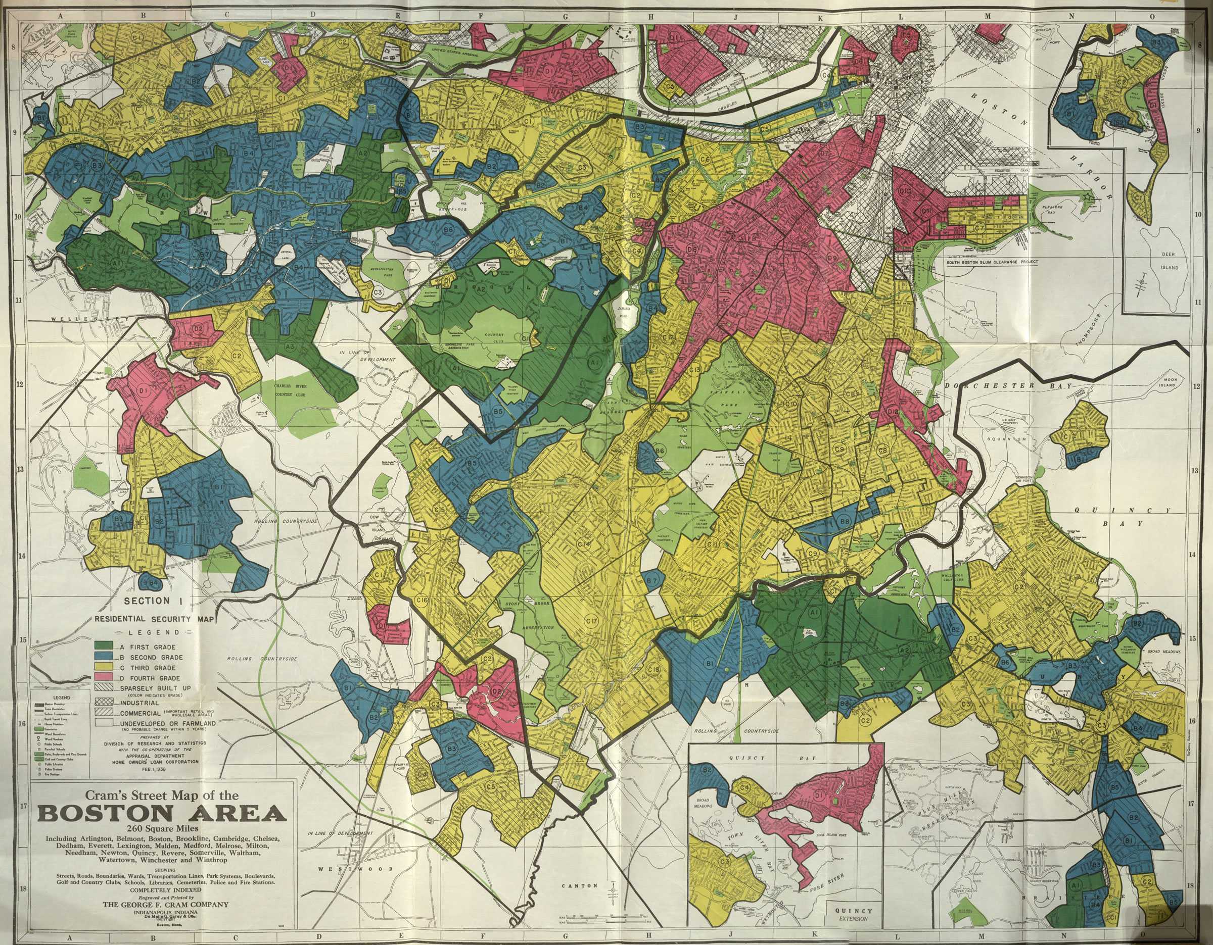 A Cram's Street Map of the Boston Area with a colored key based off a security survey of its residents.