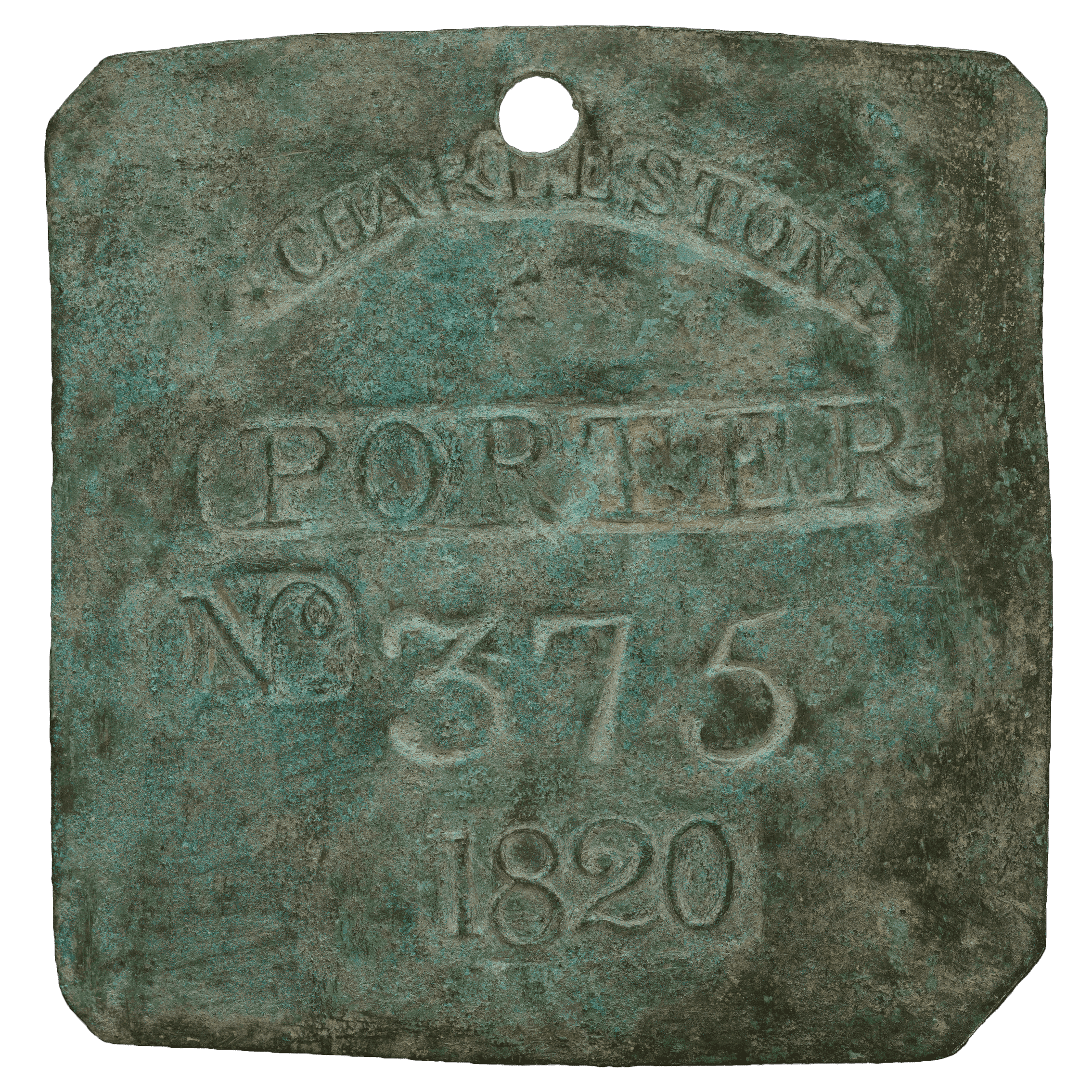 Square metal badge with clipped corners.  It is engraved "CHARLESTON / PORTER / No. 375 / 1820"