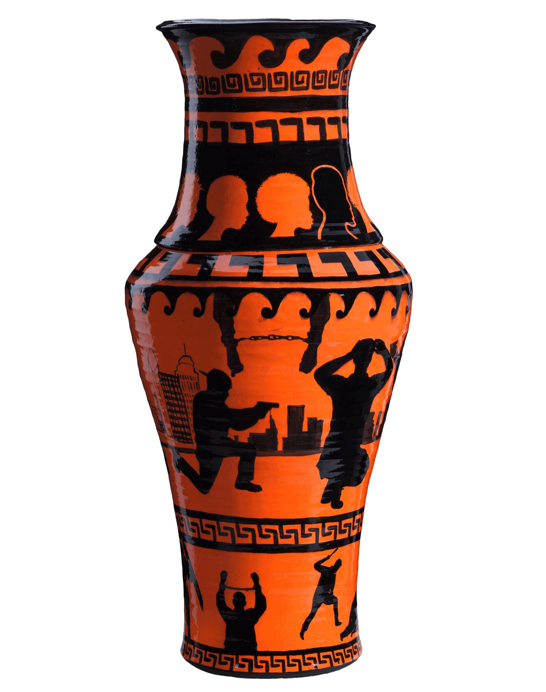 Collection of the SA black and orange ceramic krater inspired by ancient Greece. 3 different bands have scenes with interactions with police. mithsonian National Museum of African American History and Culture purchased with funds provided by the Smithsonian Latino Initiatives Pool, administered by the Smithsonian Latino Center