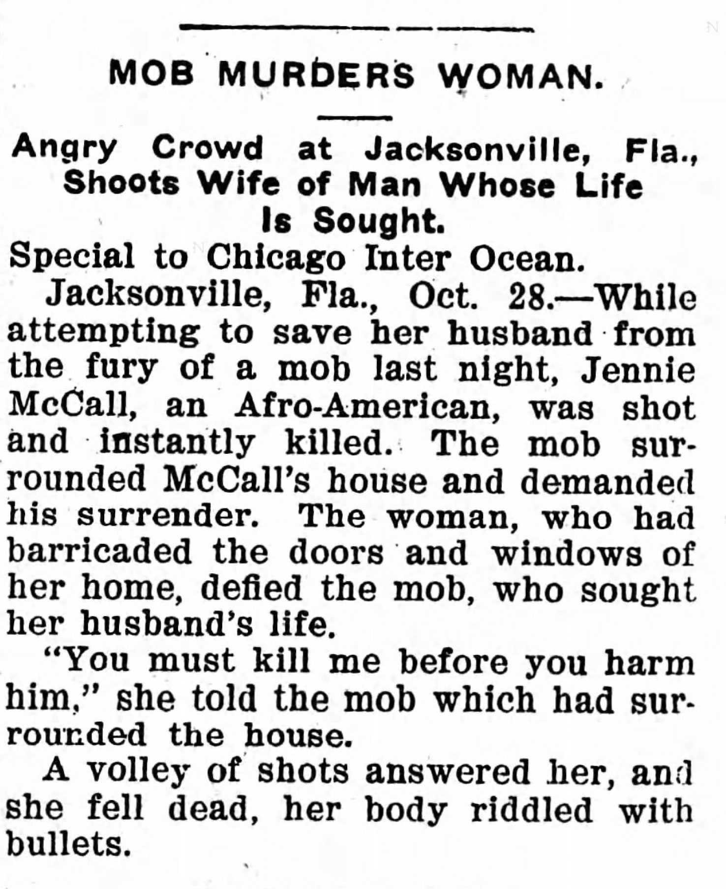 Newspaper clipping entitled "Mob Murders Woman. / Angry Crowd at Jacksonville, Fla., Shoots Wife of Man whose Life is Sought"