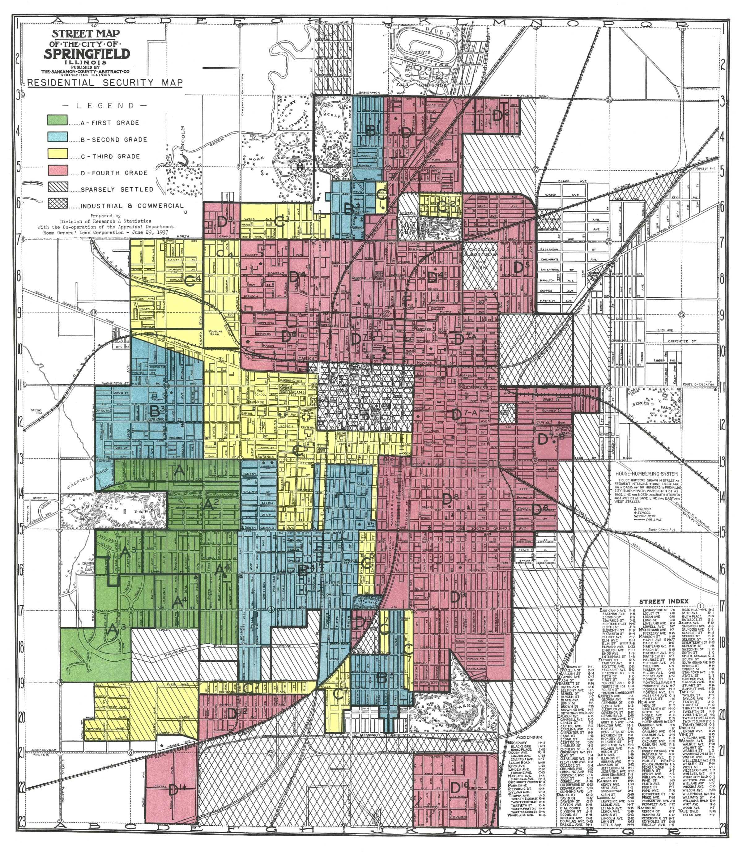 A colorful resident security map of Springfield with a colored key based off a security survey of its residents.