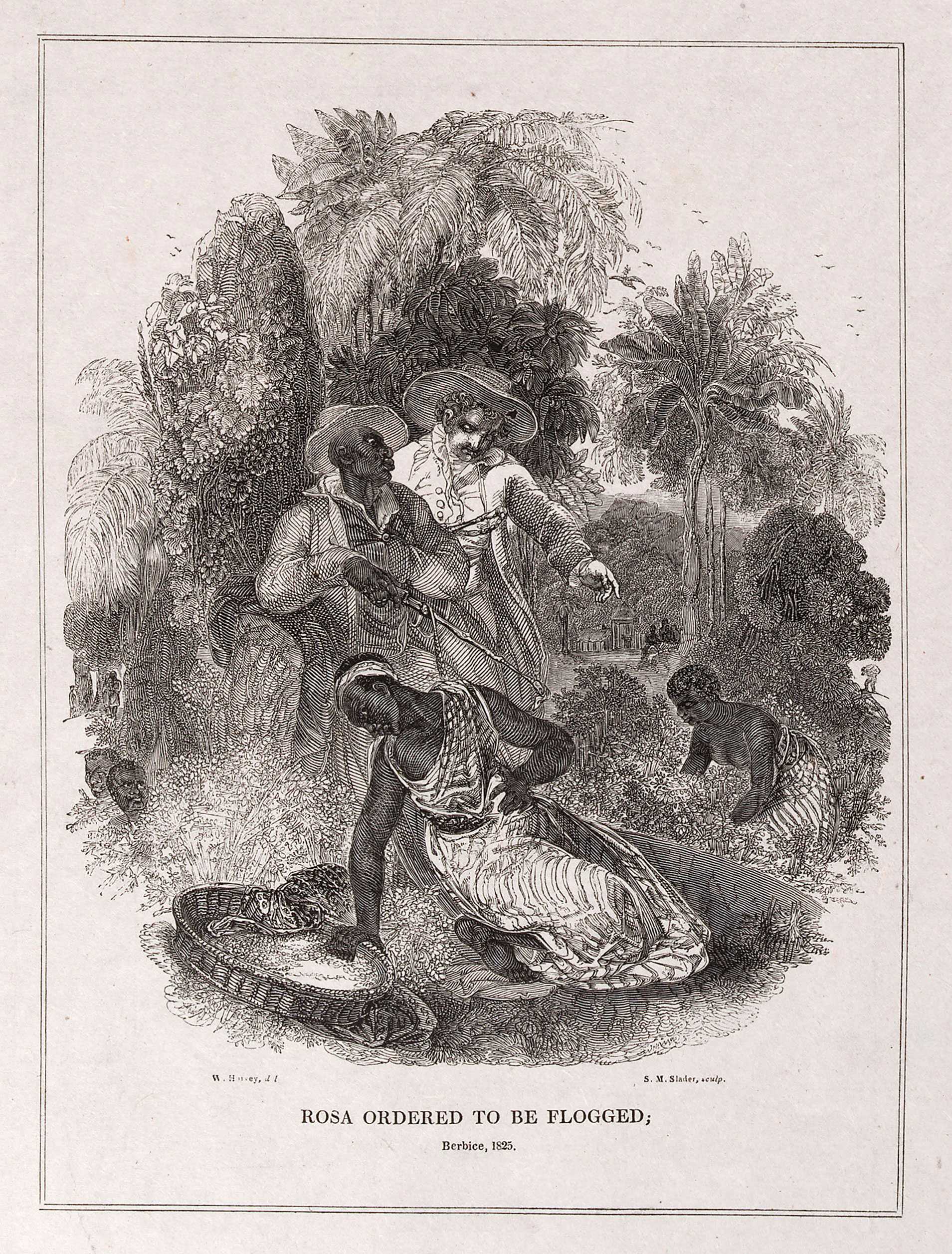 A wood engraving of an a white owner and Black punish pregnant Rosa while working in a plantation.