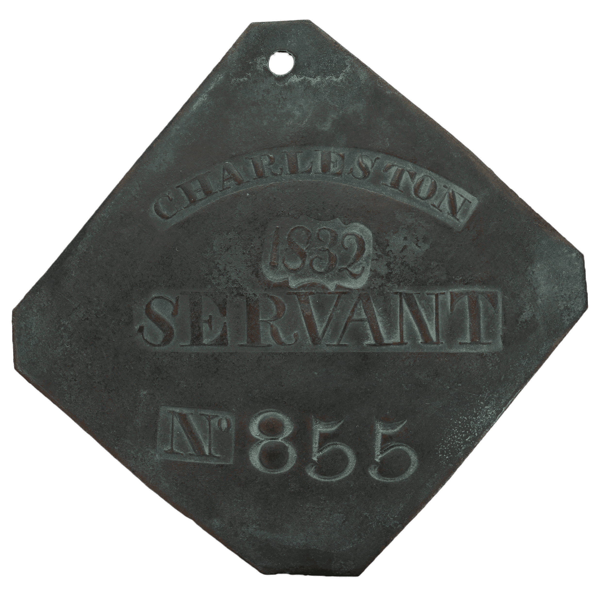Square metal slave badge set on point with clipped corners.  It is engraved "CHARLESTON / 1832 / SERVANT / 855"