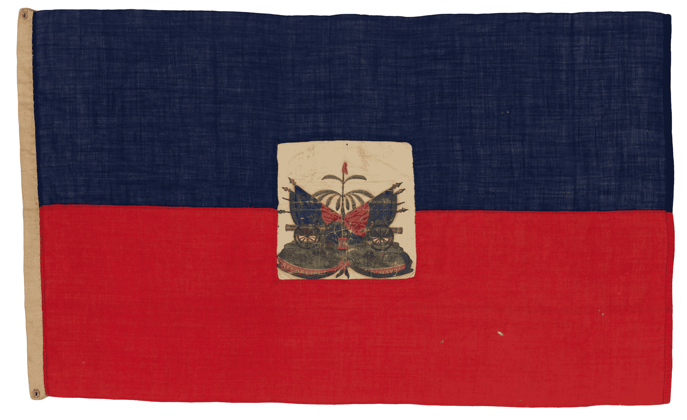 A blue and red horizontal flag of the First Republic of Haiti with a painted coat of arms, a royal palm tree, and national symbols.