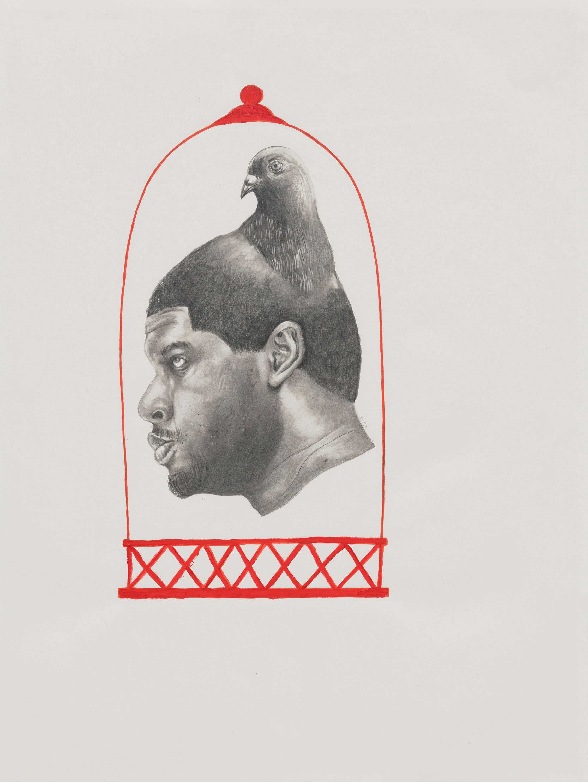 A mixed media portrait of a man in profile with a pigeon emerging from the top of his head, both facing the same direction. The man has a slight mustache and a chin beard.