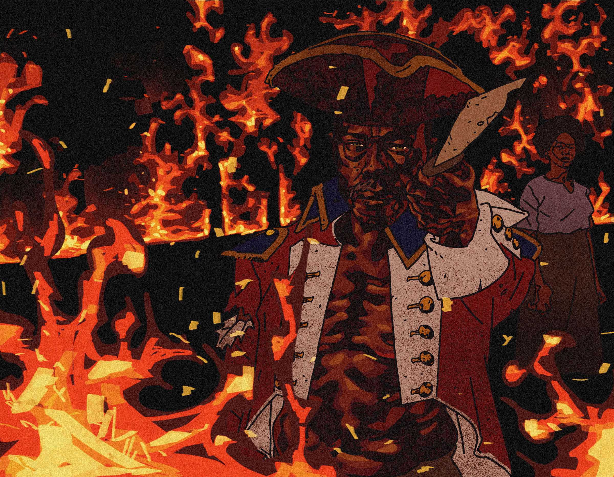 A digital illustration of the Cape Town Rebellion. A Black soldier is surrounded by a gulf of flames.