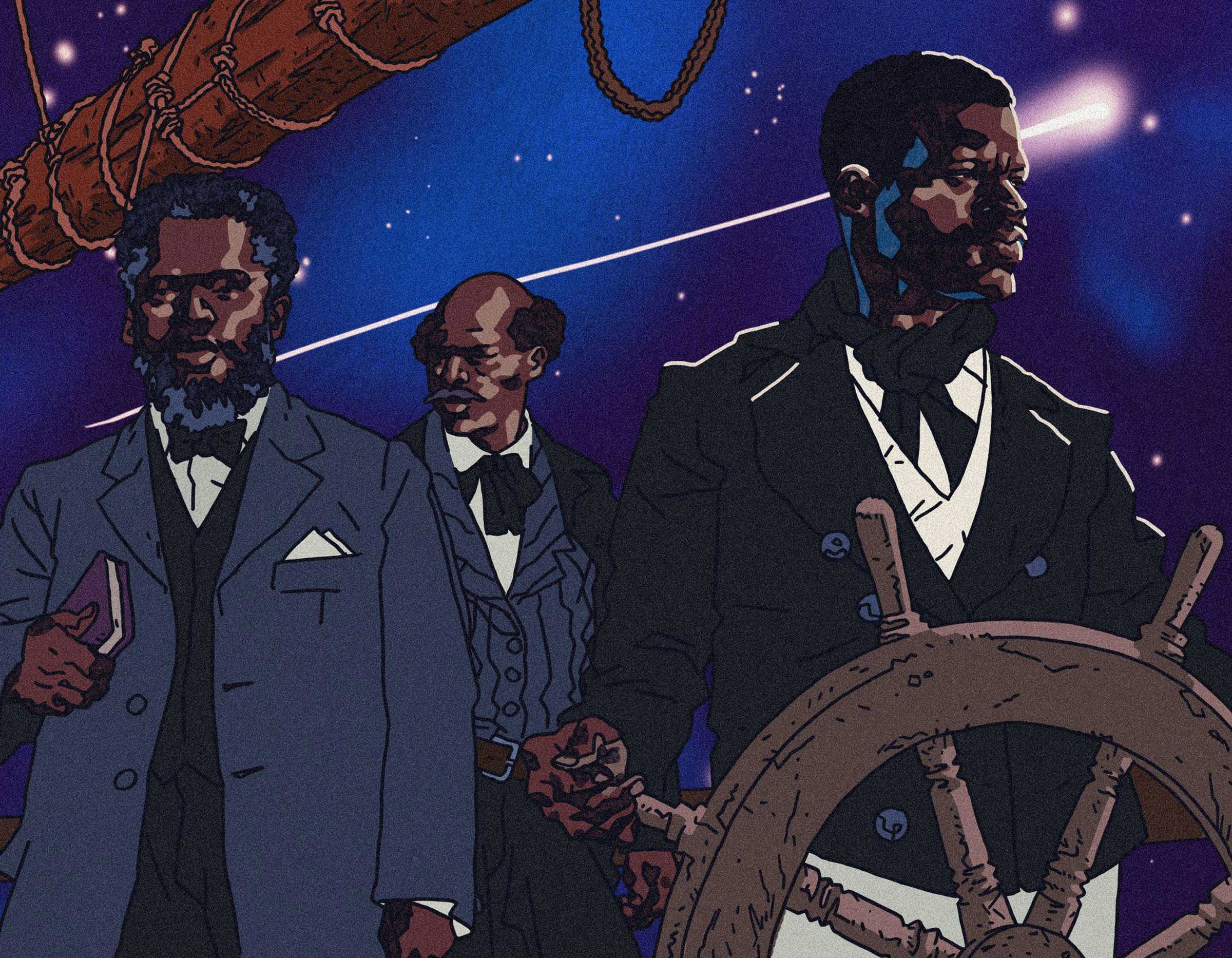 A digital illustration a Mahommah Baquaqua. 3 men direct a ship dressed in suits against a stary side.