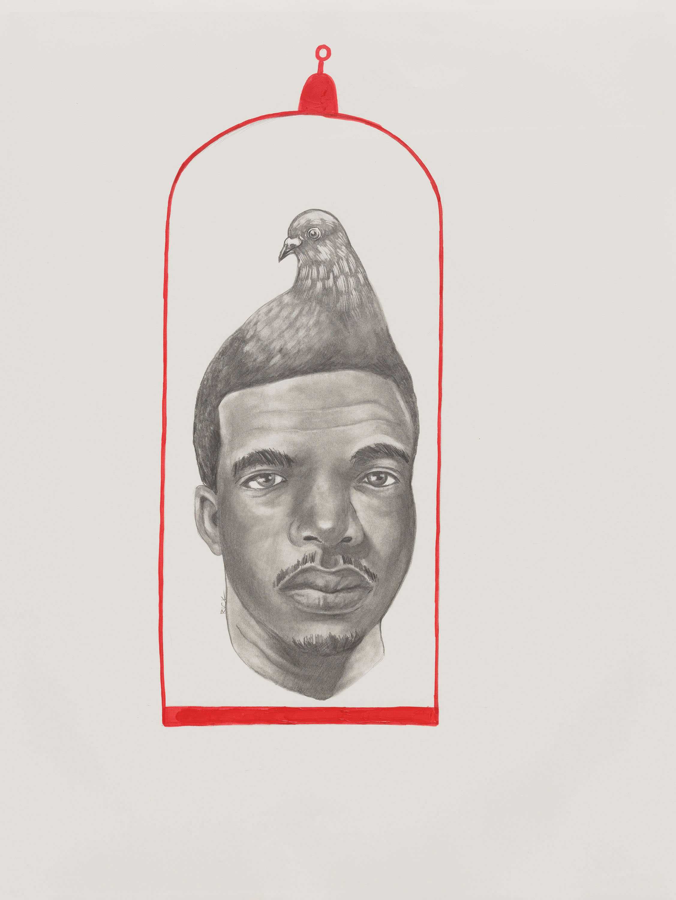 A mixed media portrait of a man with a pigeon emerging from the top of his head, framed within a red birdcage. The man faces front with a slight mustache and chin stubble.