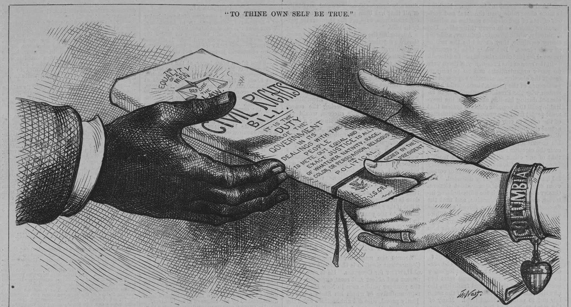 An illustration of someone handing off the Civil rights bill to an African American at the top of the page.