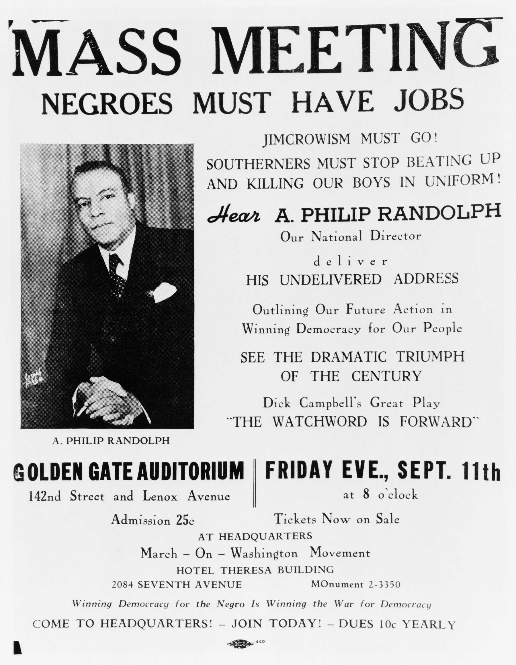 Flyer advertising "MASS MEETING / NEGROES MUST HAVE JOBS" featuring A. Philip Randolph as a speaker on Friday, September 11 in New York City.