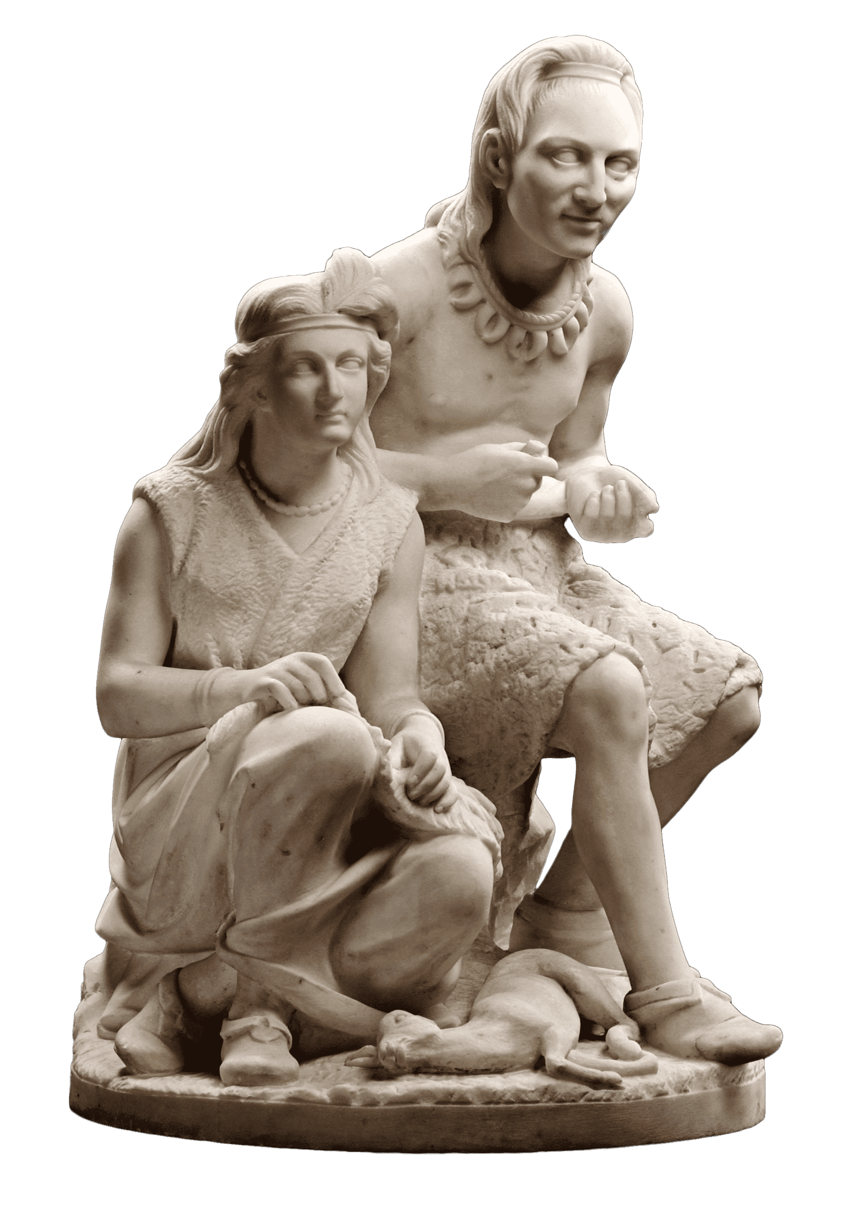 Marble sculpture of indigenous man and woman seated with a dead lamb at their feet.