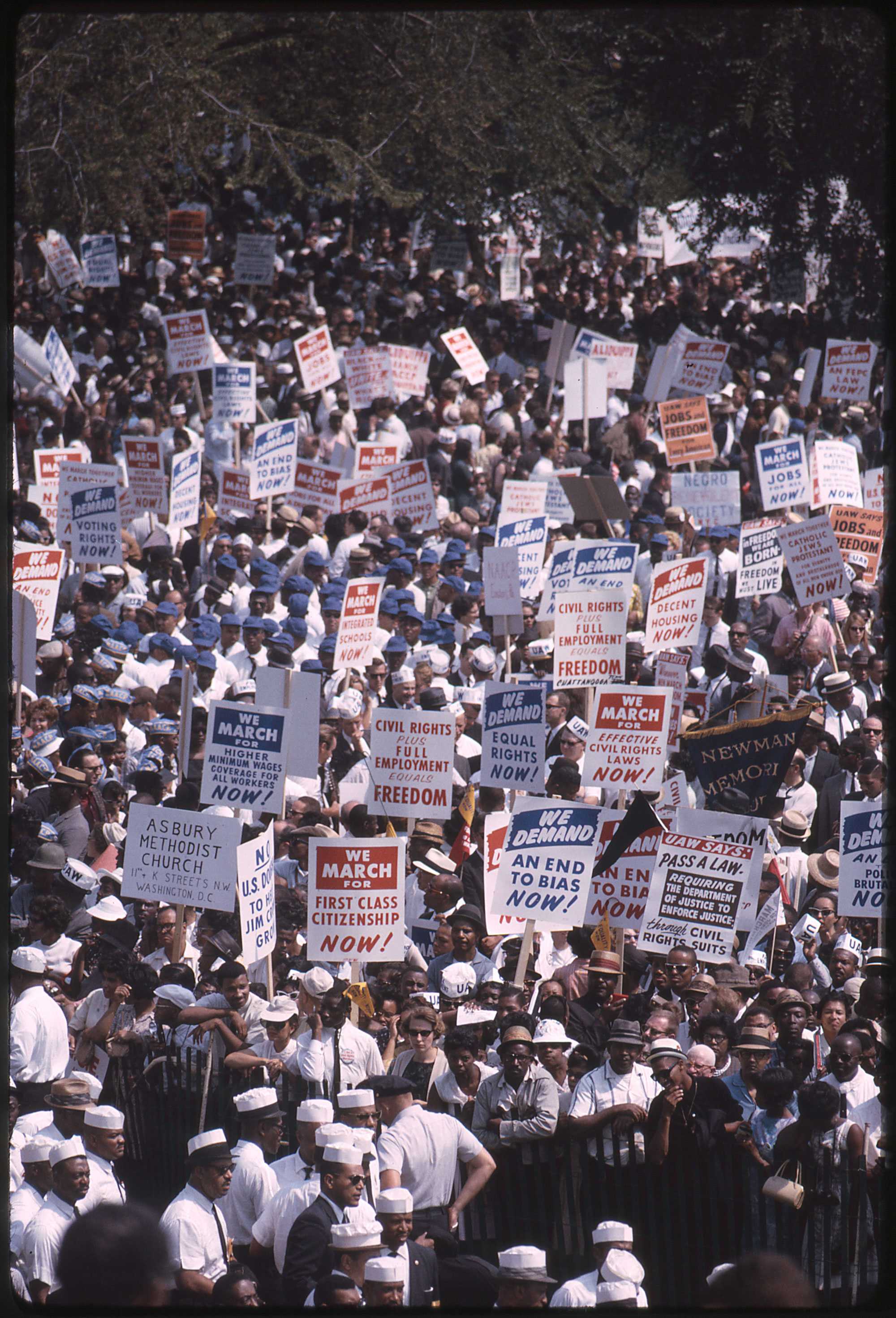 A color digital image of the crowd during the March on Washington. Many people hold placards above the crowd.