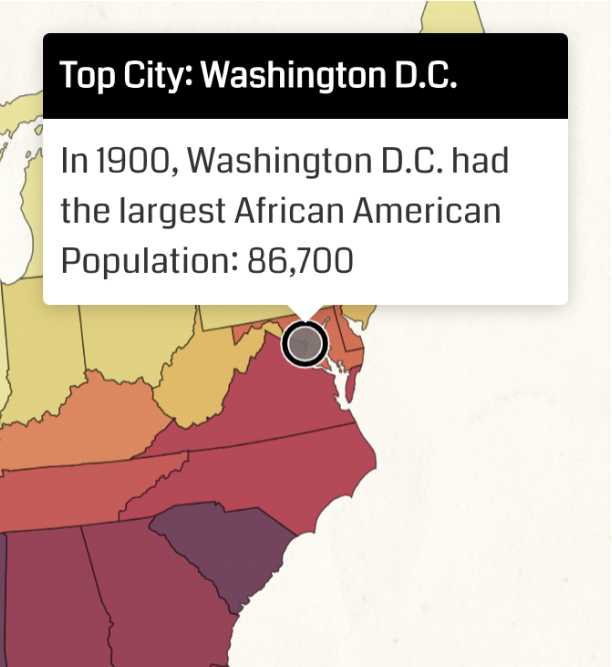 A graphic with a map of the mid east focused on DC to show the biggest African American Population in 1900