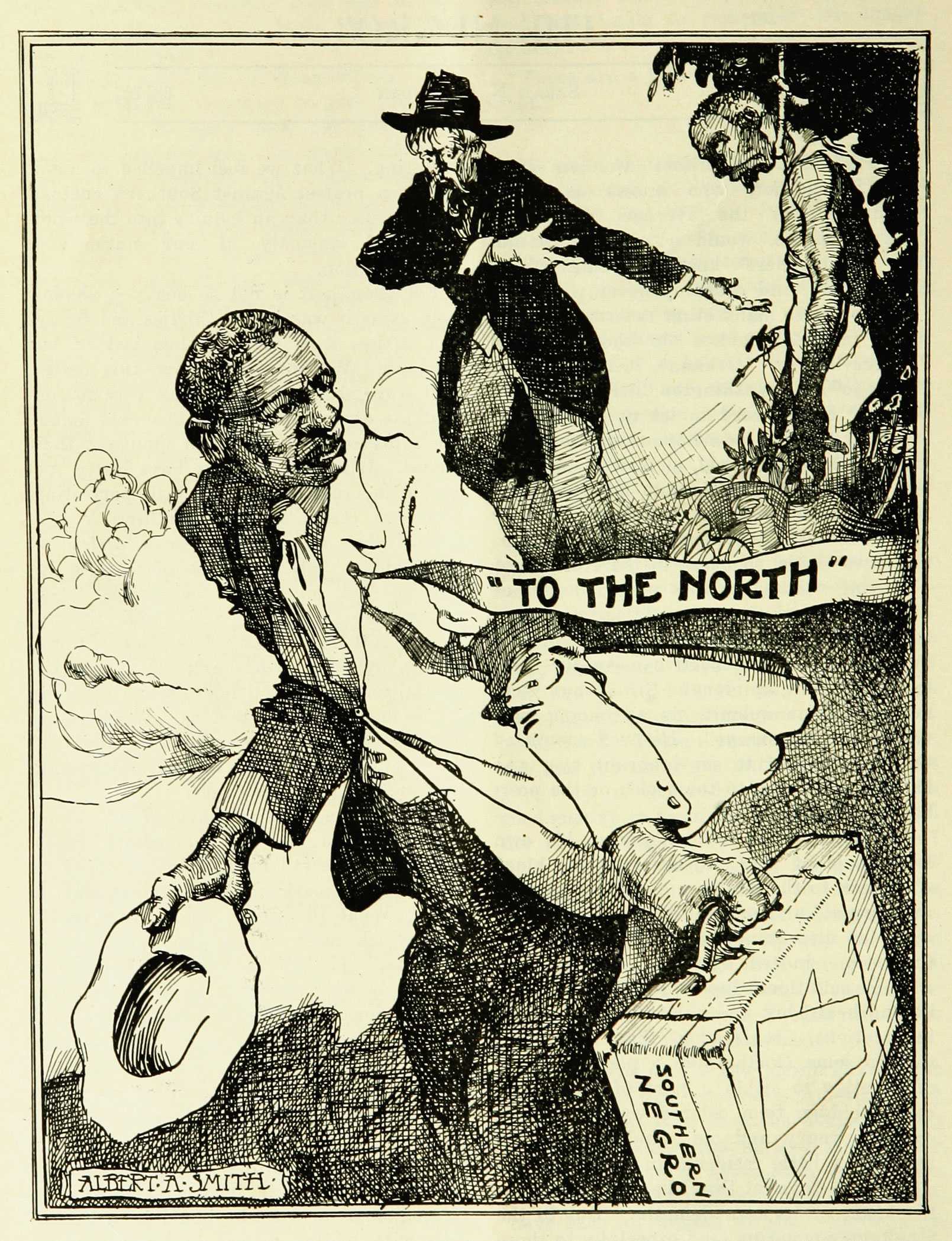 Illustrated cartoon of Black man with suitcase labeled "Southern Negro" fleeing "To the North." In background is a lynched man hanging from a tree while a white man stands with arms extended toward him.