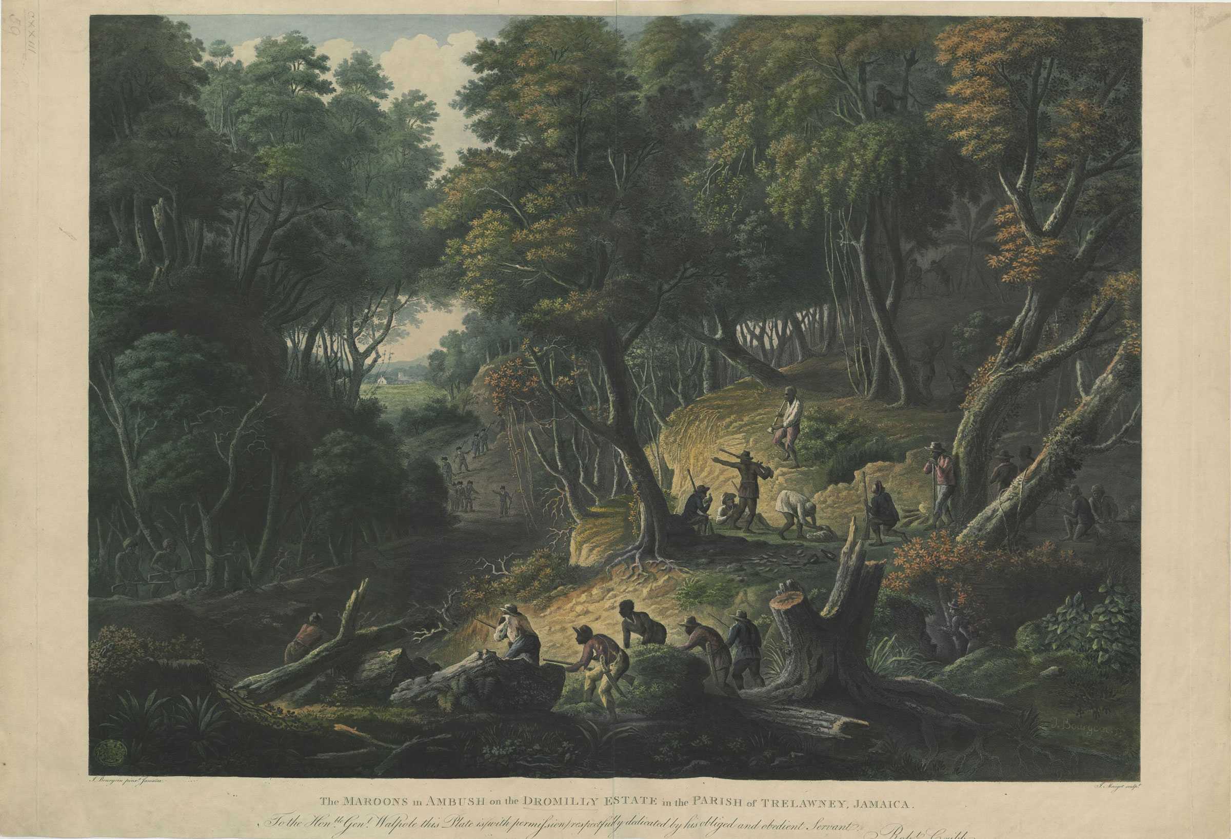 A painting of landscape of a maroon community in Jamacia. People are planning an ambush from a distance.