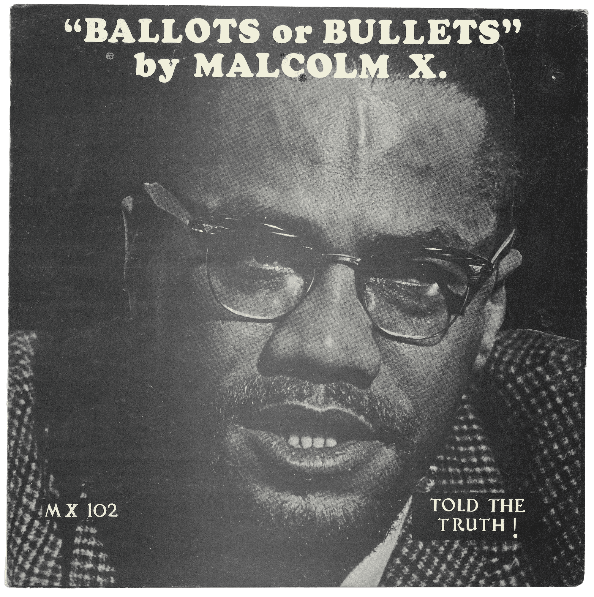 Album cover that has a black and white image of Malcom X. Text in white at the top reads: "Ballots or Bullets" / by Malcom X.