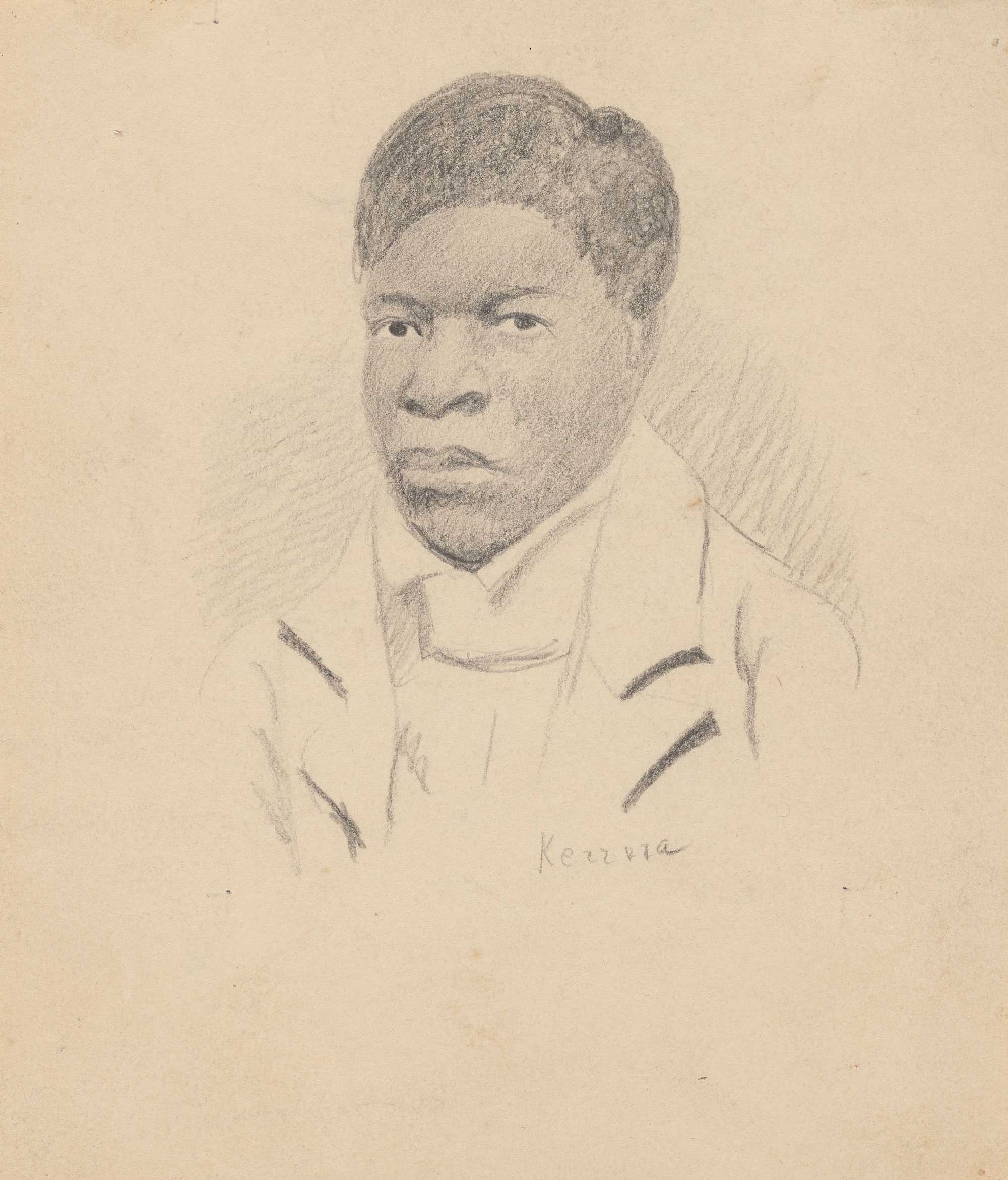 A pencil illutration of an Amistad captive. He has curly hair and a small mustache. He is wearing a white colard shirt.