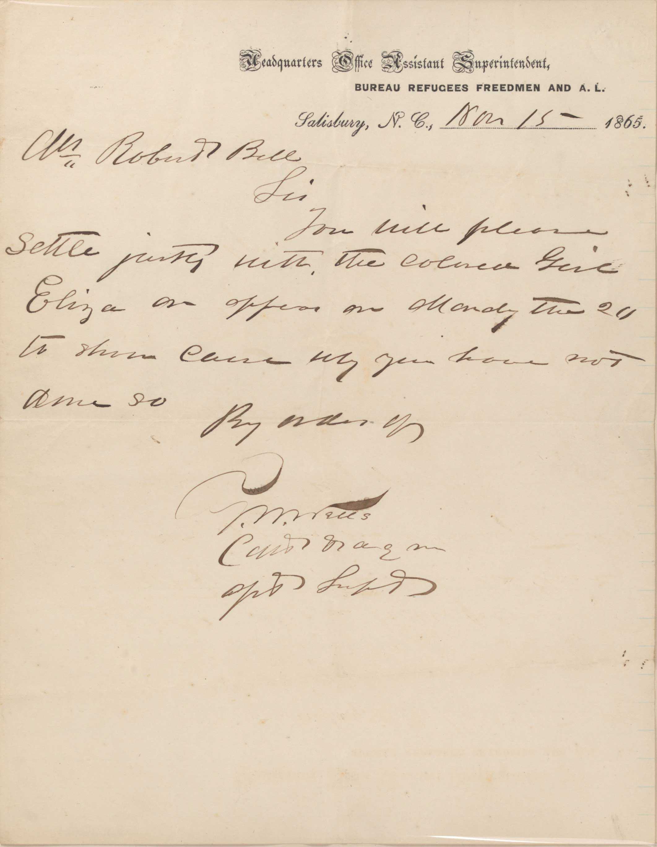 Handwritten letter to Robert Bell from the Freedmen's bureau about a dispute with a woman named Eliza.