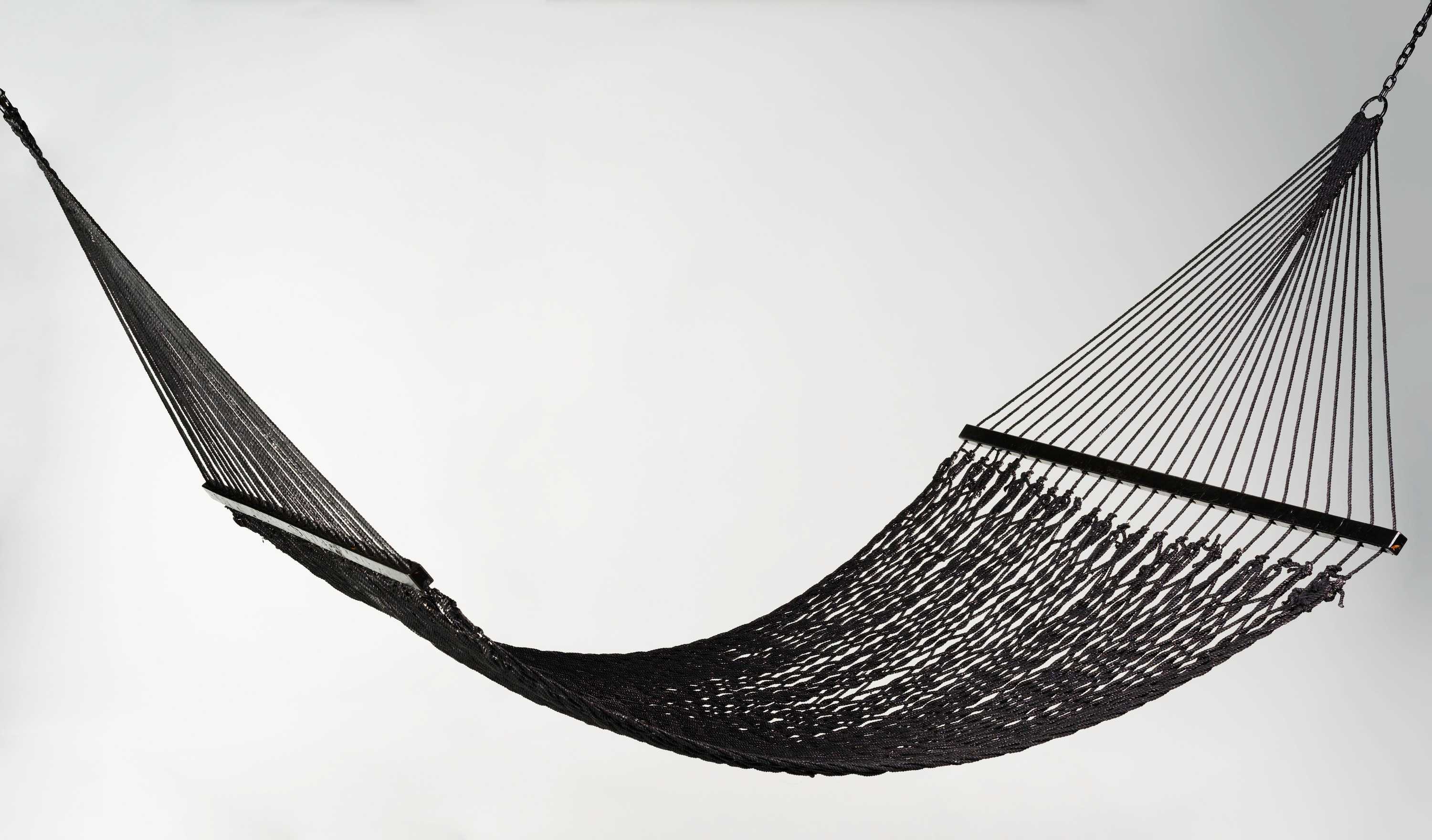 Rope hammock coated with black paint.
