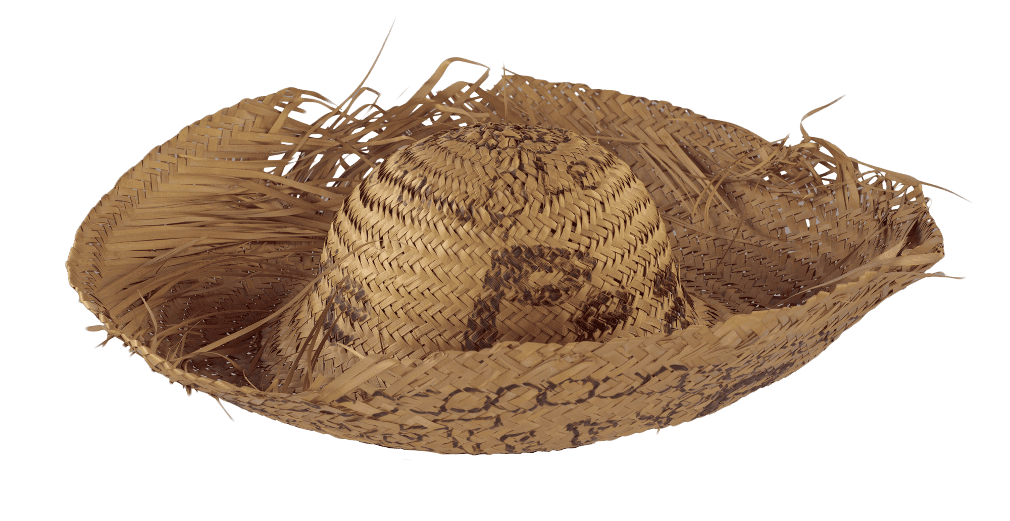 A woven straw sombrero hat with a rounded crown and wide brim with rolled edges. The ends of some straw pieces are loose on the brim.