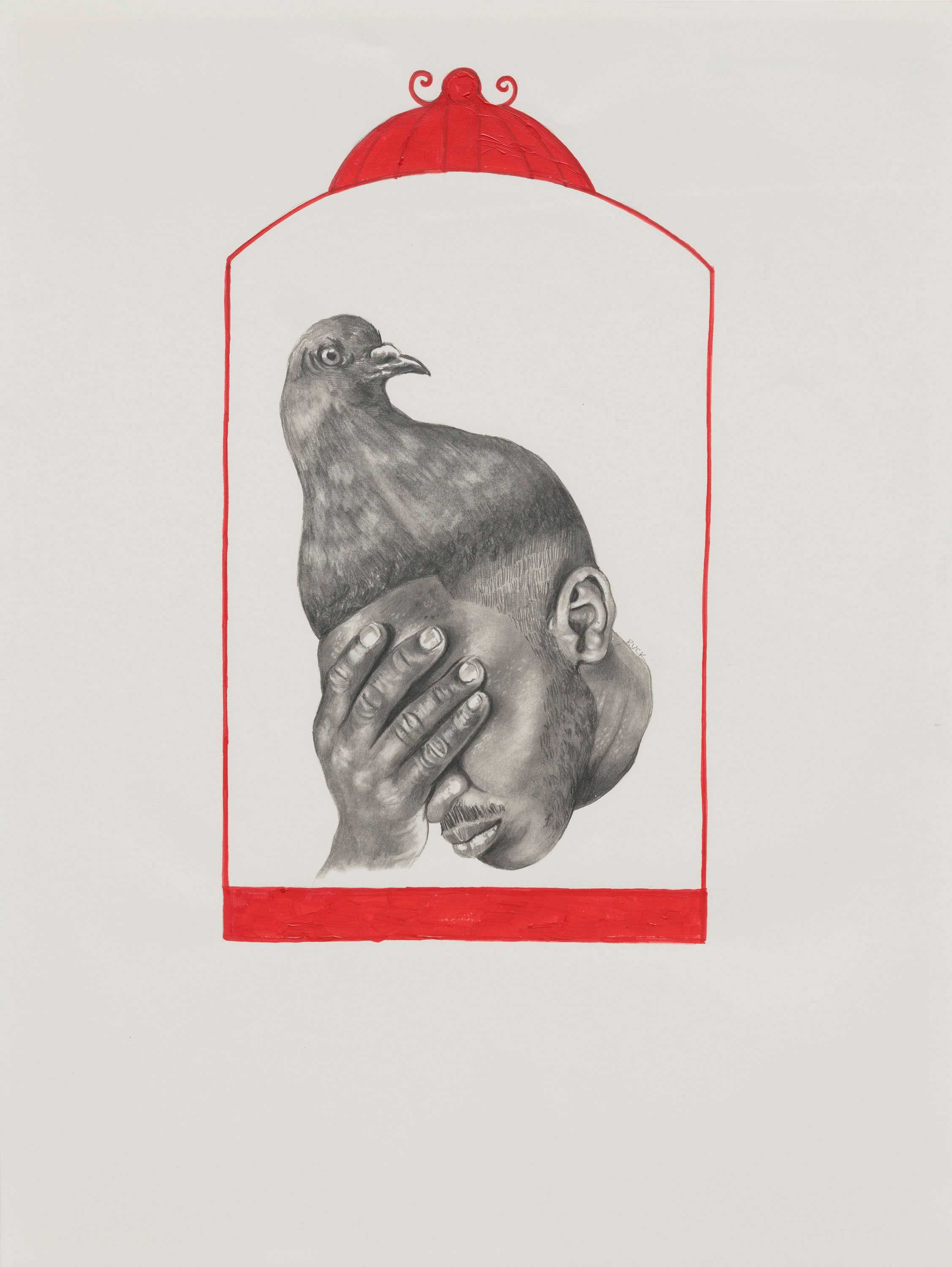 A mixed media portrait of a man with a pigeon emerging from his head, framed within a red birdcage-shaped frame. The man covers the upper his face with his hand.