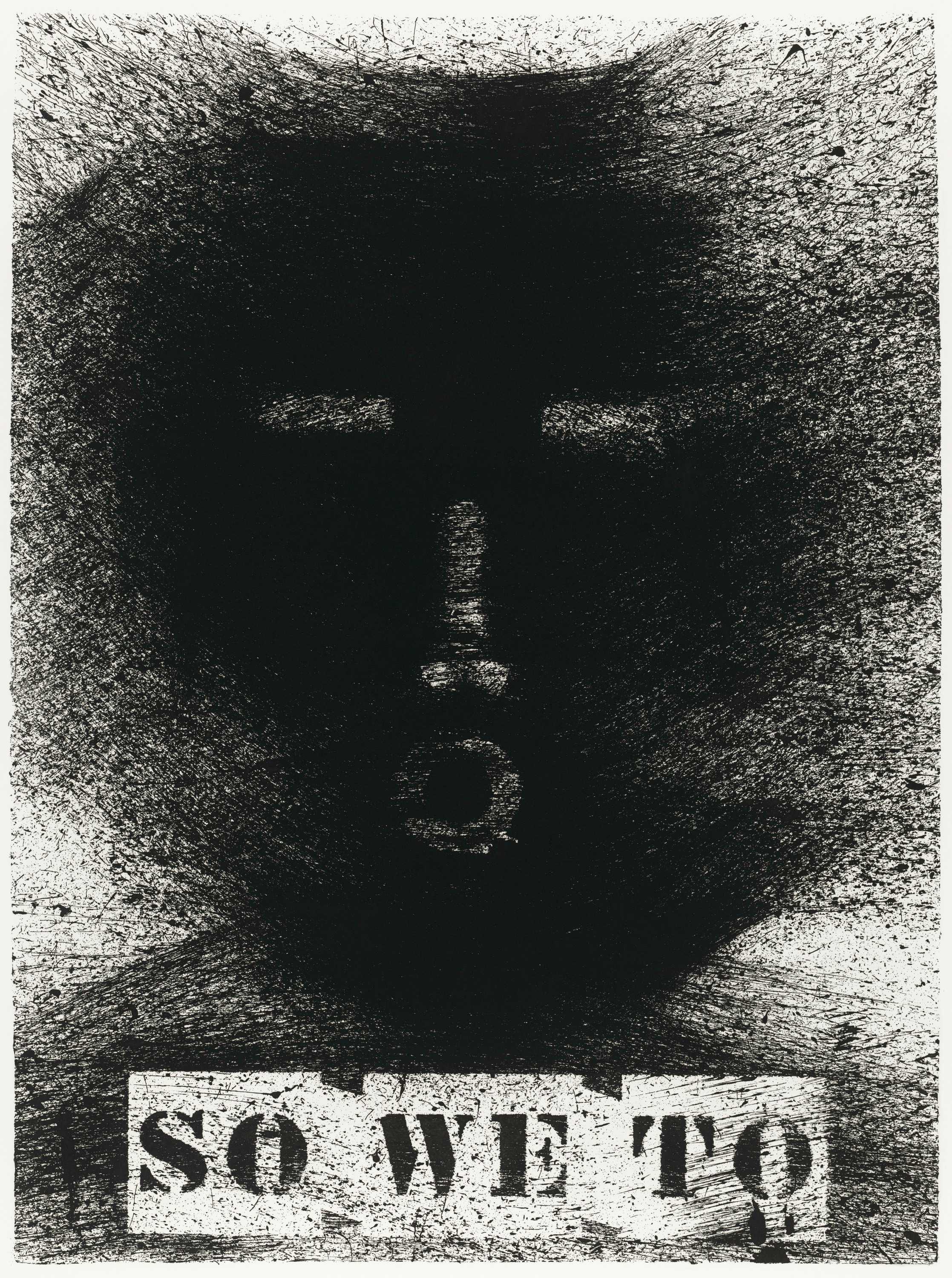 Black and white print showing an abstracted face rendered through a multitude of fine lines.  Along the bottom edge of the image, below the figure's chin are letters "SO WE TO."