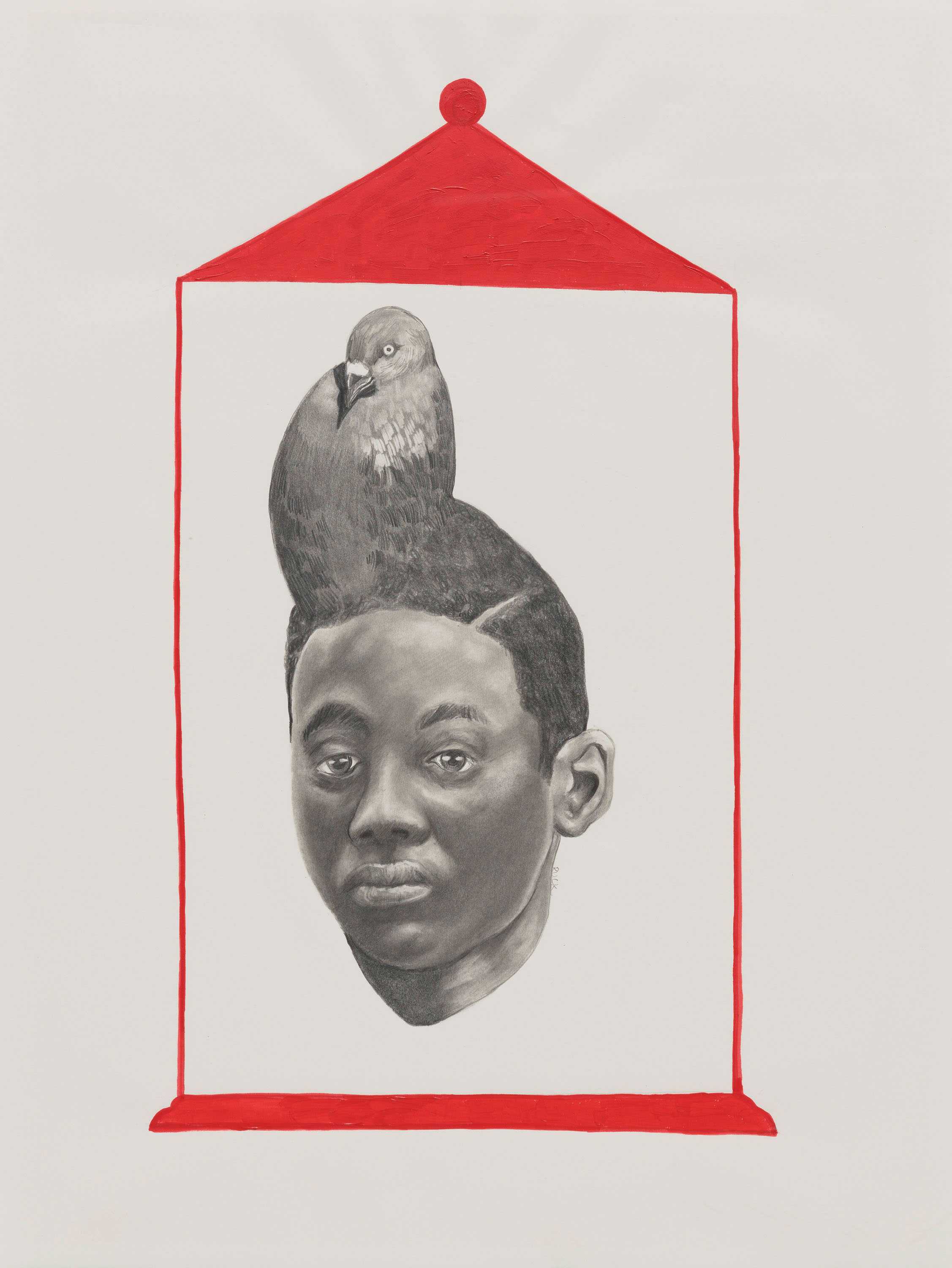 A mixed media portrait of a man with a pigeon emerging from the top of his head, framed in a red birdcage shape. The man from the neck up, facing forward, gazing at the viewer.