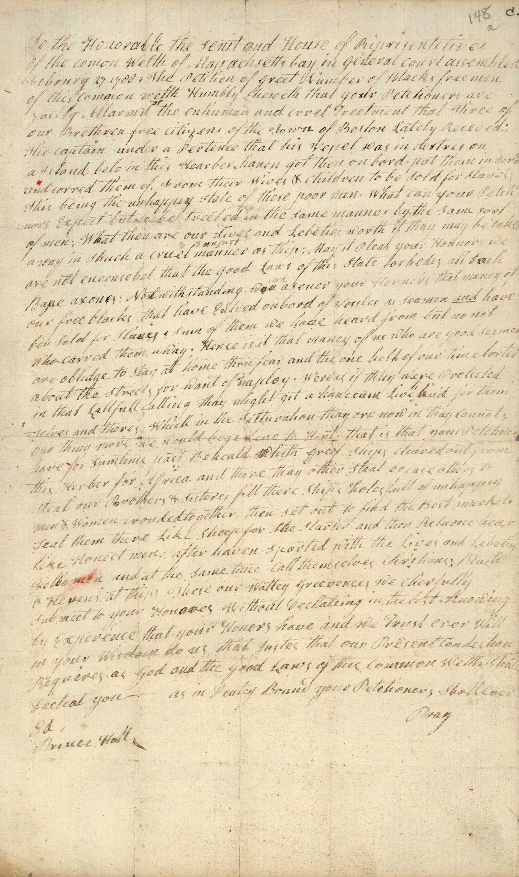 A full page, handwritten petition in cursive. In the top corner, it is labeled 148. The paper is slightly yellowed.