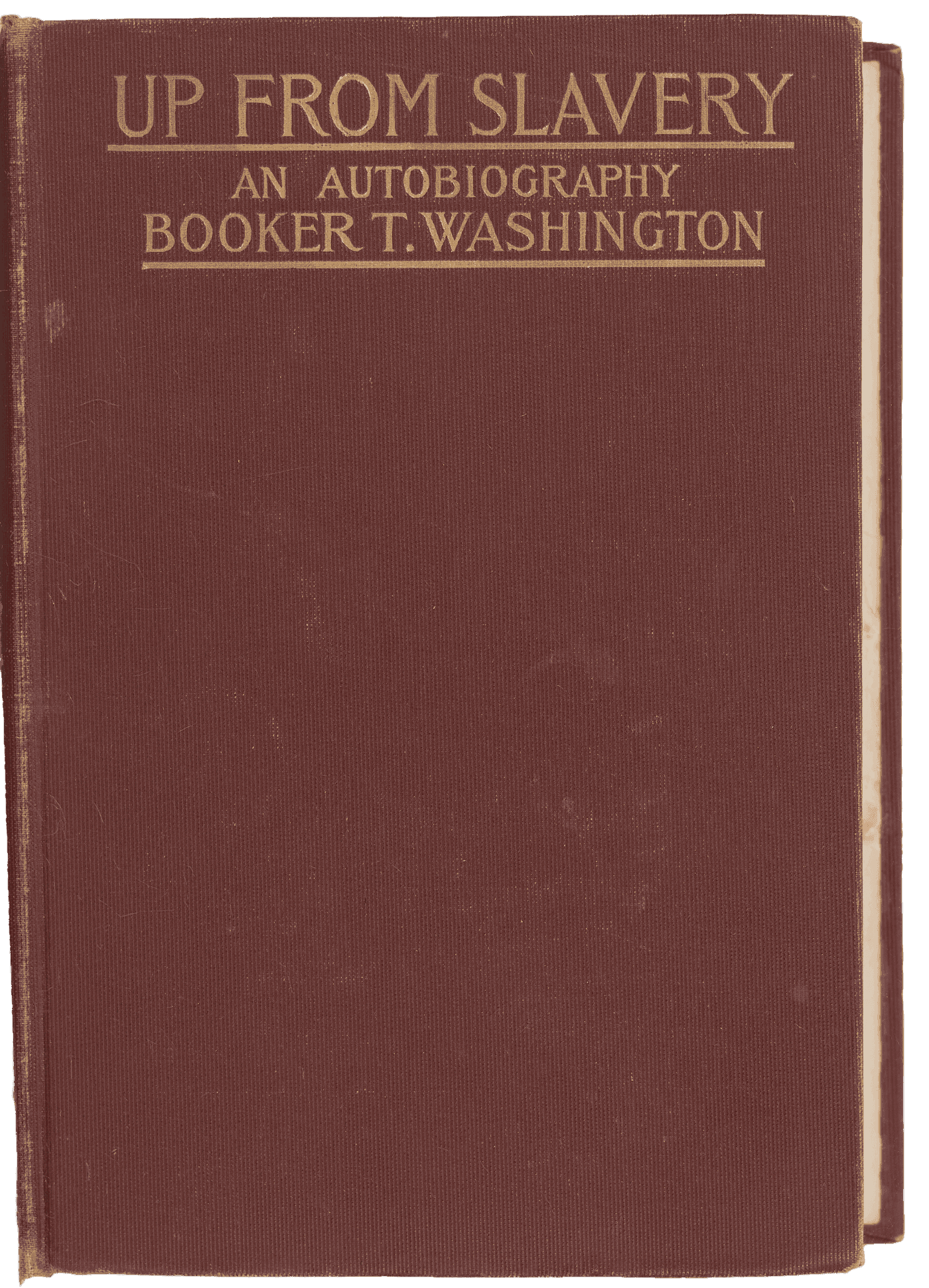 A red hardback book titled "UP FROM SLAVERY / AN AUTOBIOGRAPHY / BOOKER T. WASHINGTON" with embossed gold text.