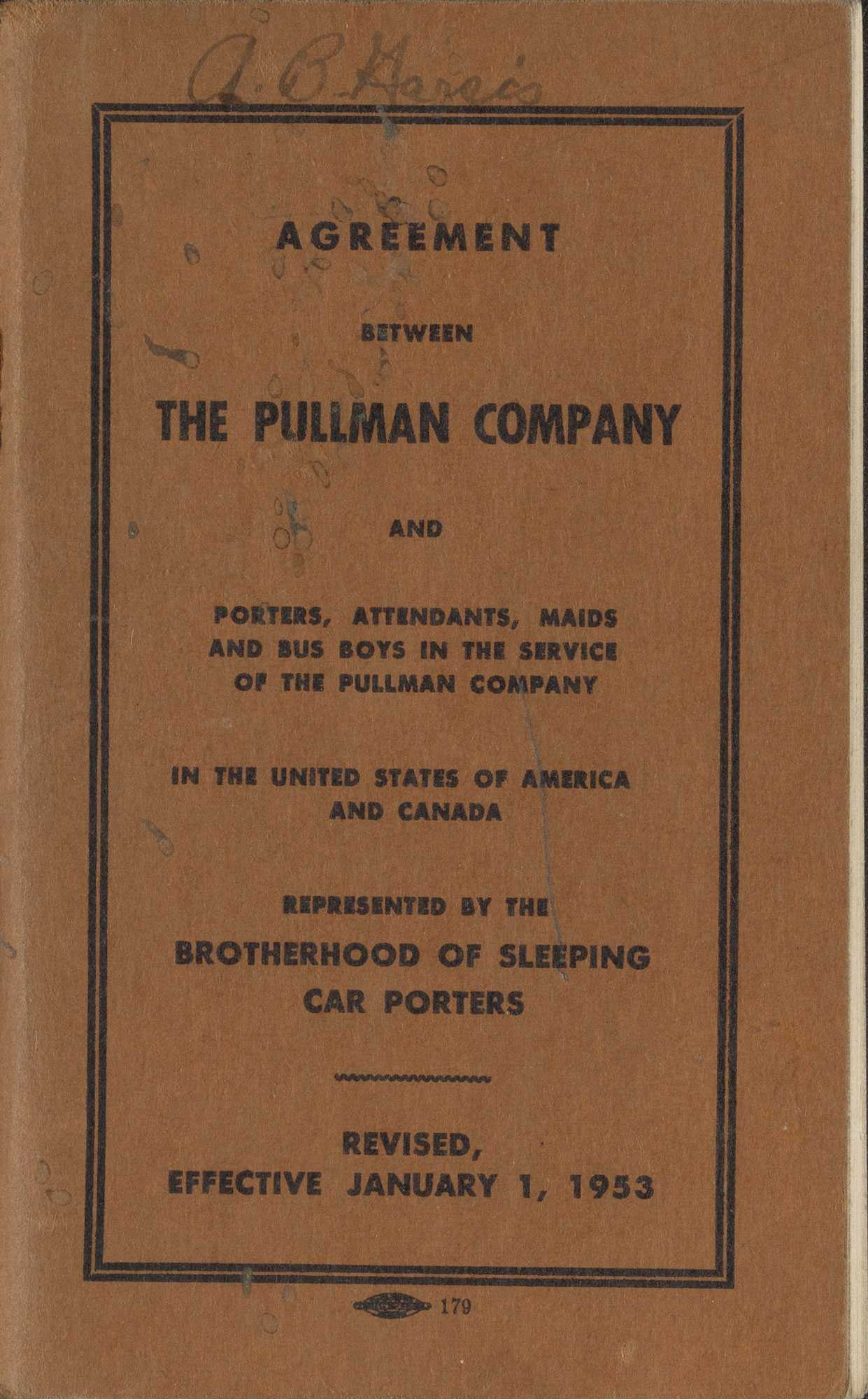 Small booklet with a brown paper cover outlining an agreement between the Pullman Company and those employees represented by the Brothernood of Sleeping Car Porters