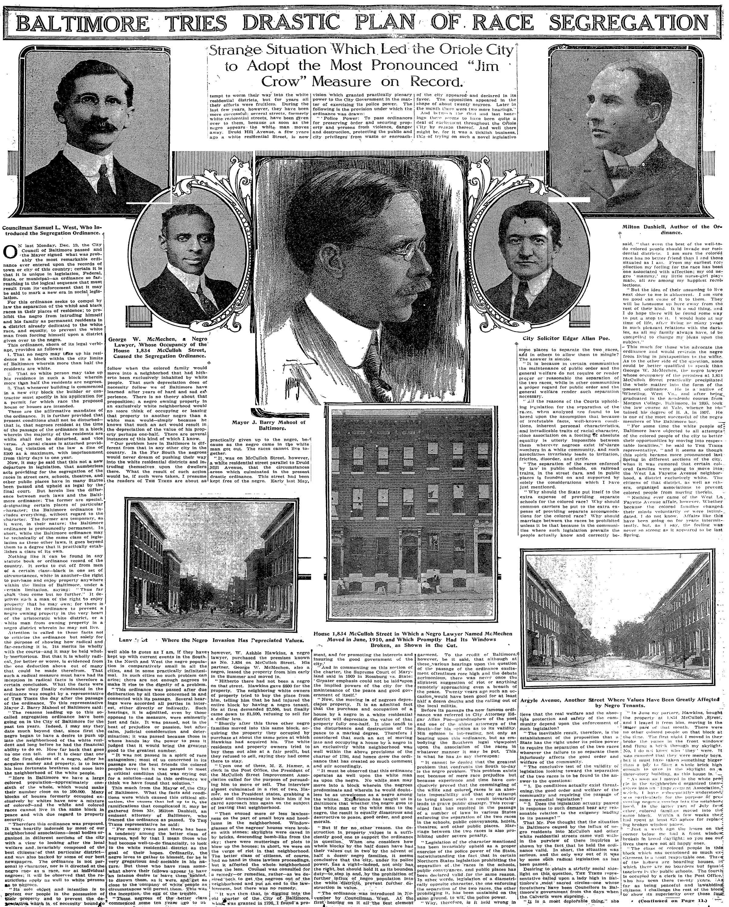 Image of newspaper article entitled 'BALTIMORE TRIES DRASTIC PLAN OF RACE SEGREGATION"