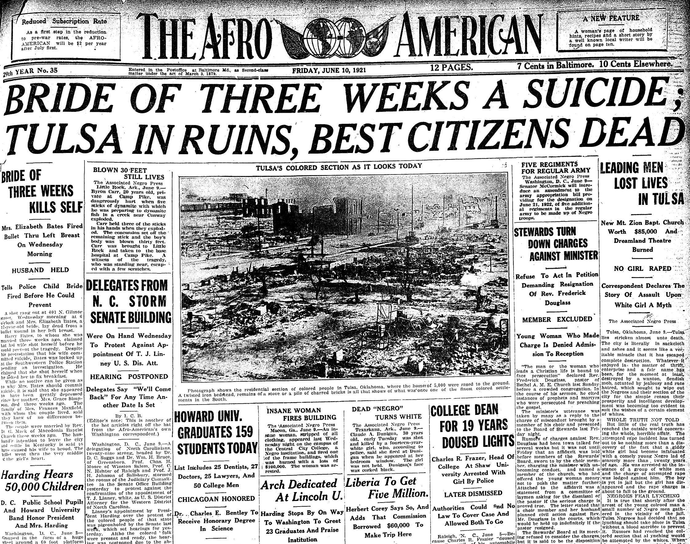 Front page of "The Afro American" newspaer from Friday, June 10, 1921.  The headline reads "BRIDE OF THREE WEEKS A SUICIDE; TULSA IN RUINS, BEST CITIZENS DEAD. "