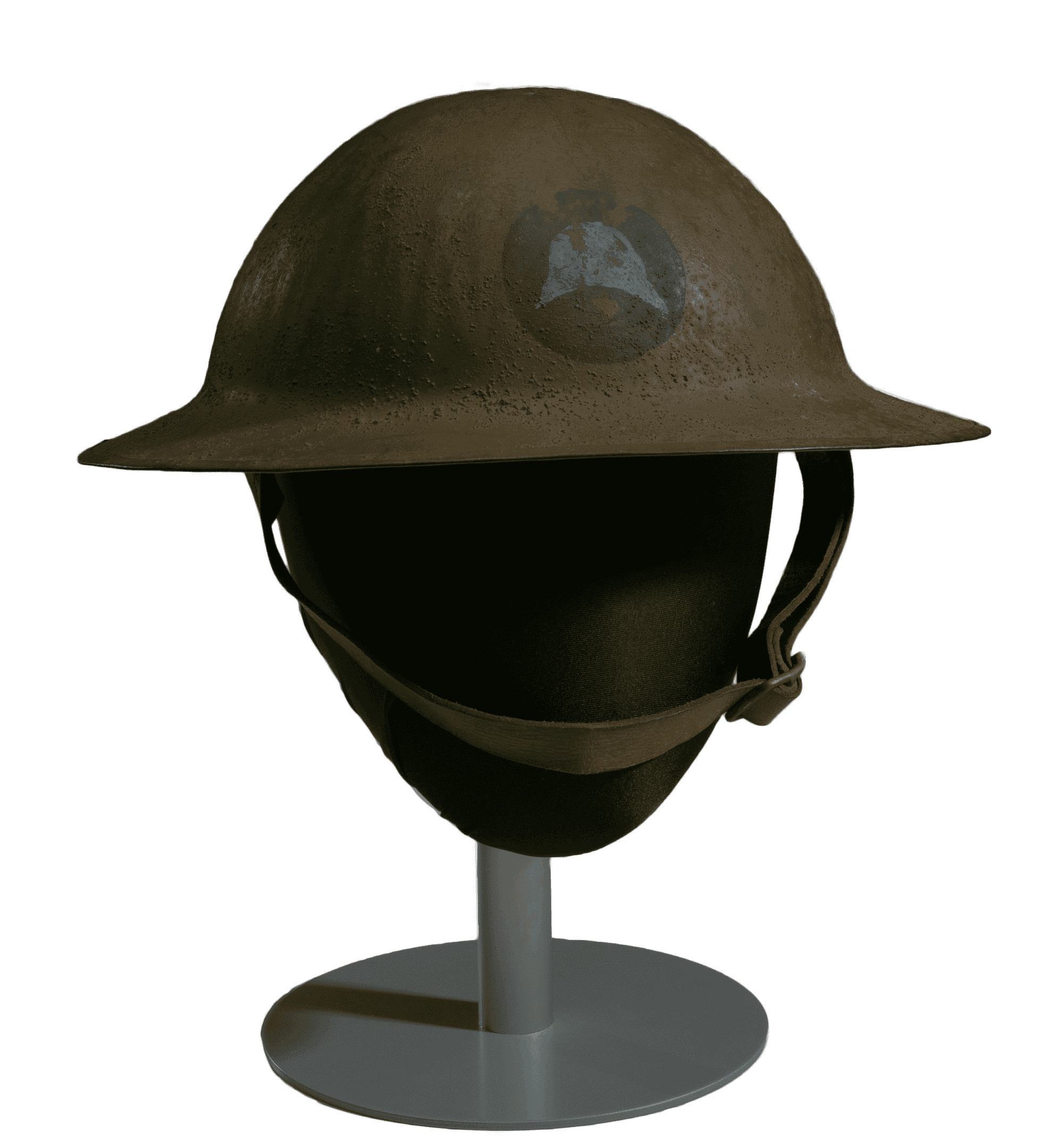 A World War I olive green combat helmet with a painted 93rd Infantry patch of a blue helmet on a black circle and a leather chin strap.