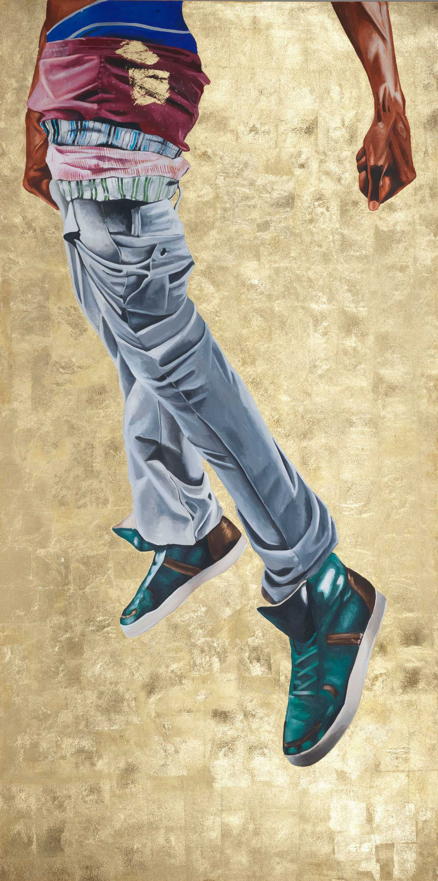 Acrylic painting depicting young man mid jump. His torso and legs are visible, wearing layered underwear, sagging jeans, and high-tops.