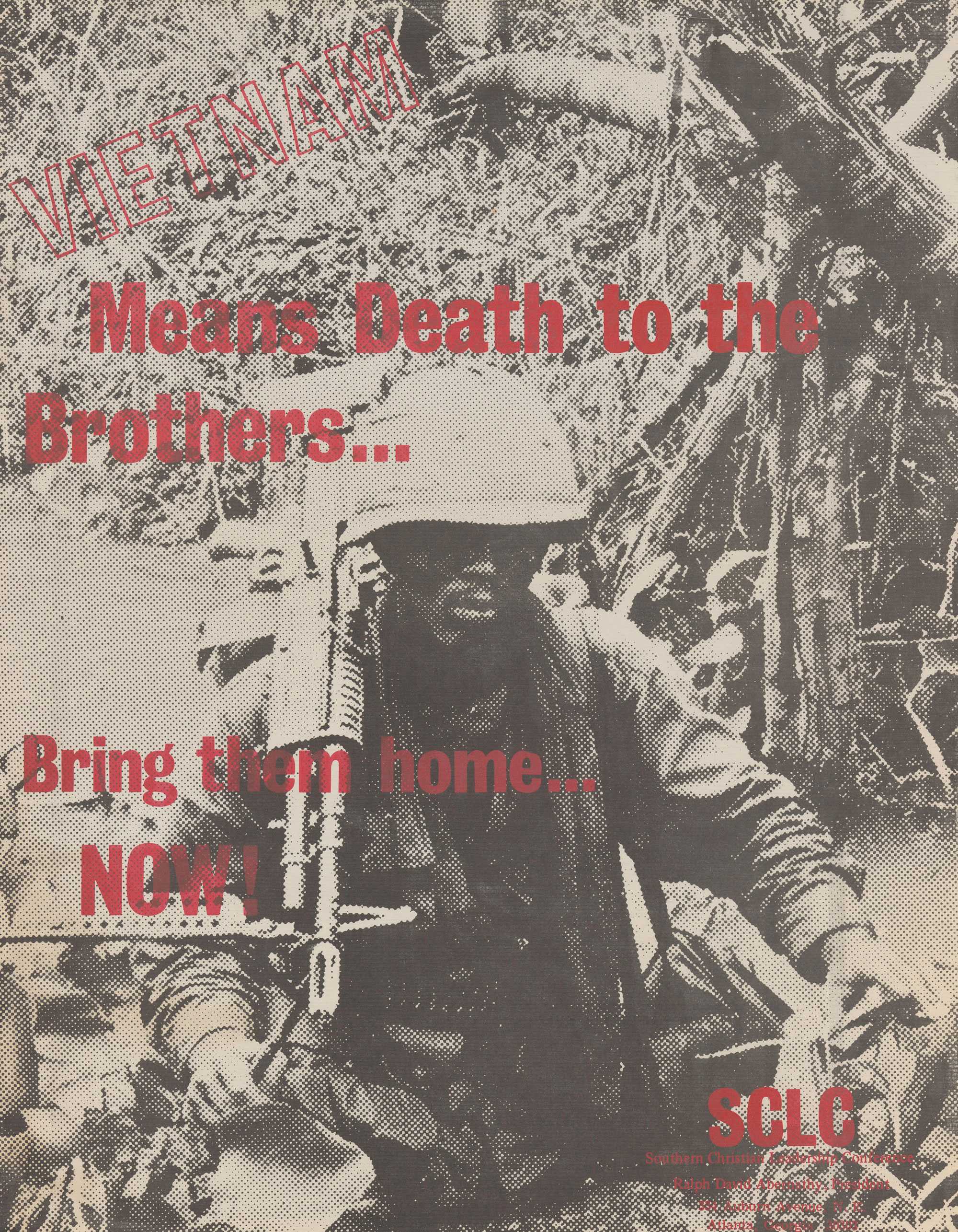 Poster of a soldier with a machine gun in a jungle, pixelated in grey tones with red text: "VIETNAM Means Death to the Brothers... Bring them home... NOW!"