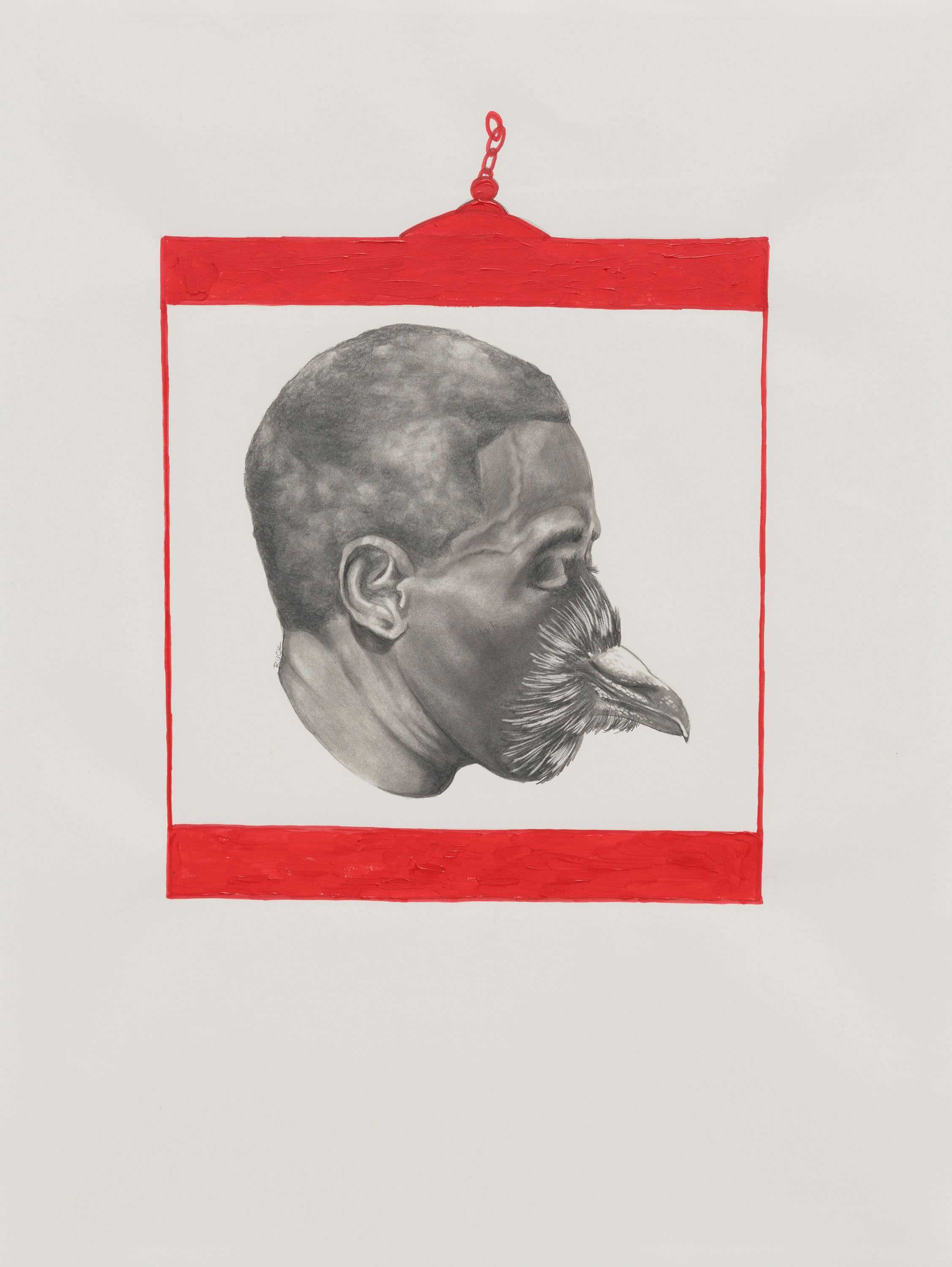 A mixed media portrait of a man with a pigeon beak and feathers in place of his nose and mouth, framed in a red square birdcage. The man is facing right with closed eyes.