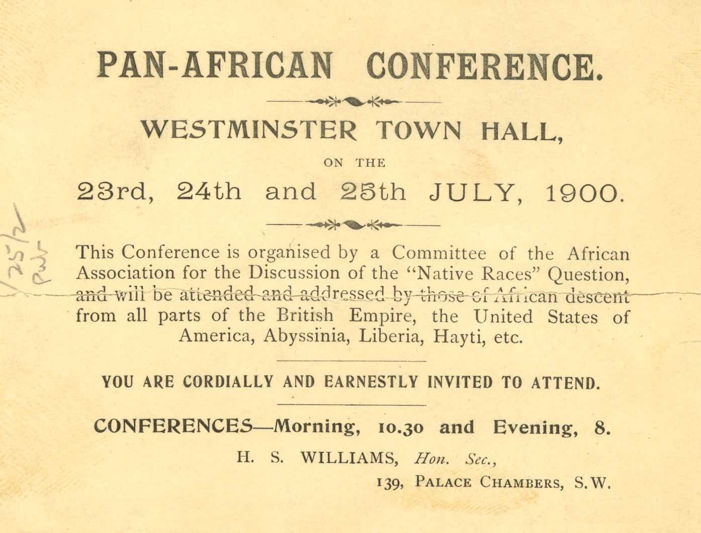 A yellowed invitation to the Pan-African Conference the includes the dates, location, and purpose.