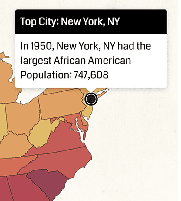 A graphic with a map of the Northeast focused on New York City to show the biggest African American Population in 1950