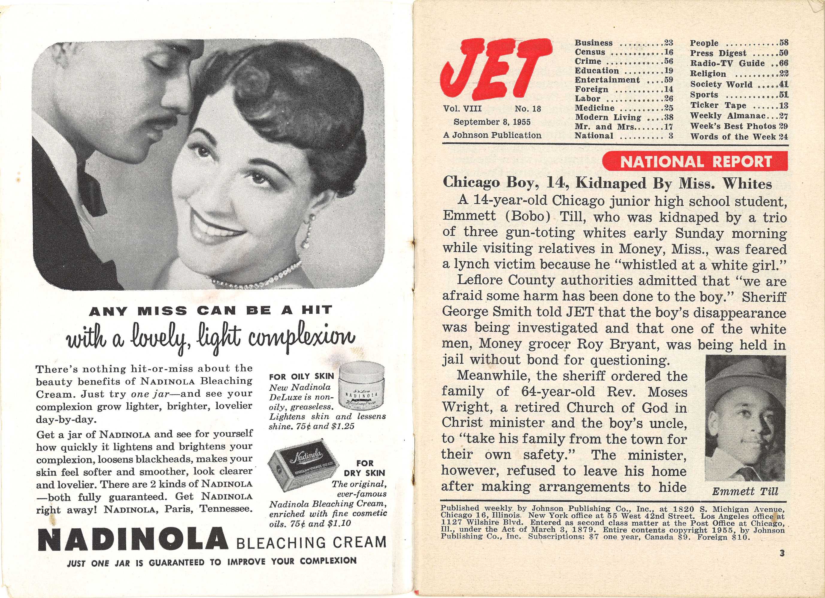 A page spread in Jet with an article about Emmett Till's death on the right page. The left side page is an ad for bleaching cream.