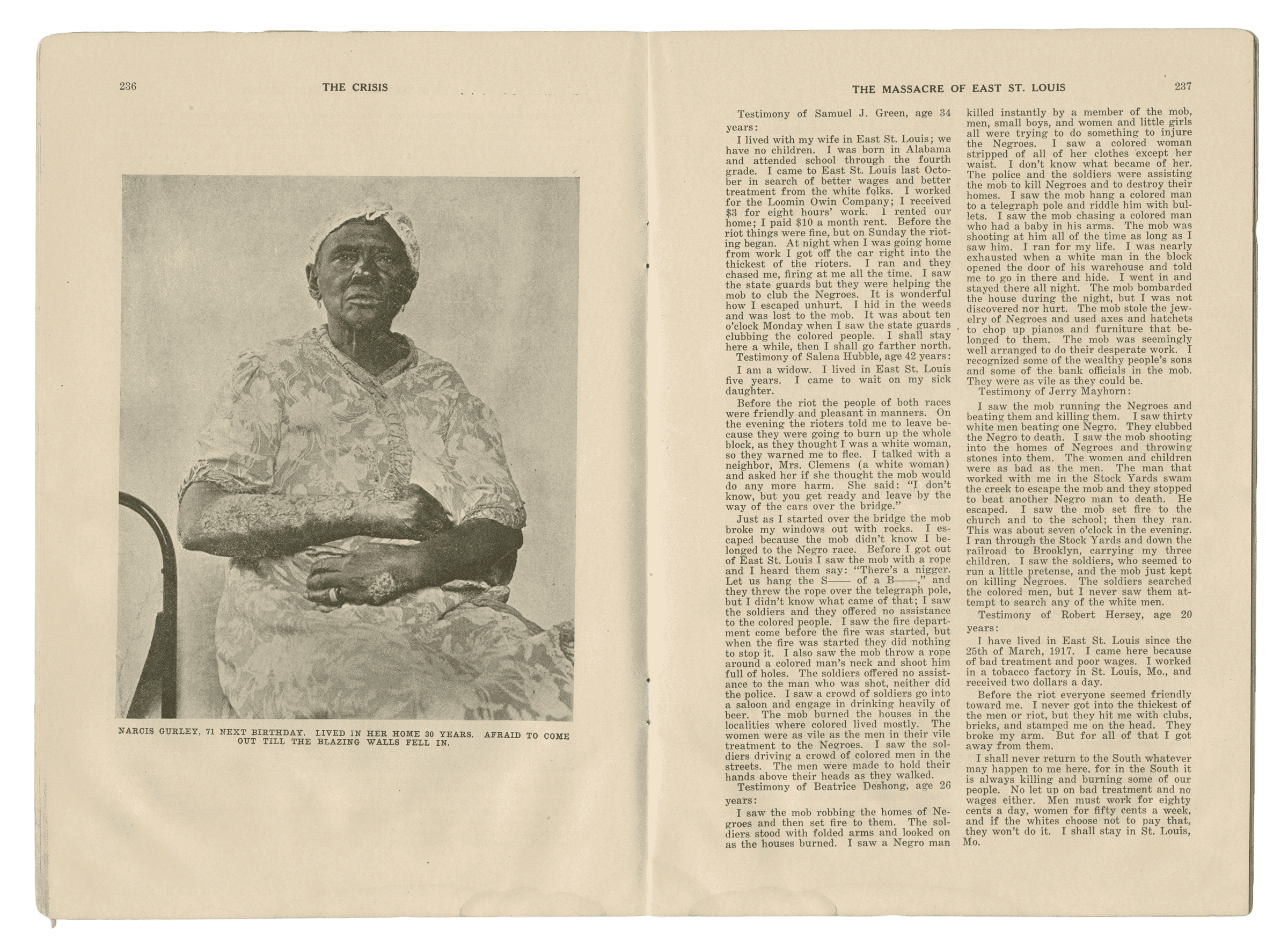 September 1917 issue of The Crisis. The two pages have the article and photograph of a victim of the East St. Louis massacres.