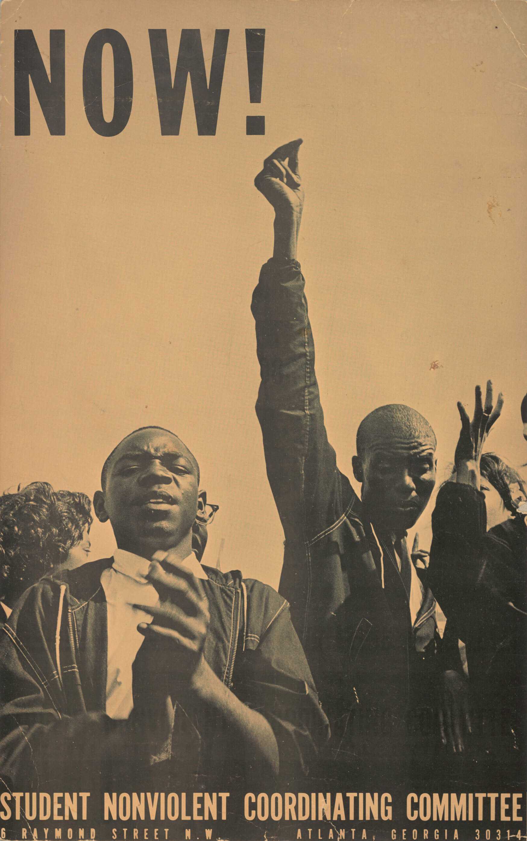 A two-tone poster for SNCC using an image by Danny Lyon of men and women at a rally.